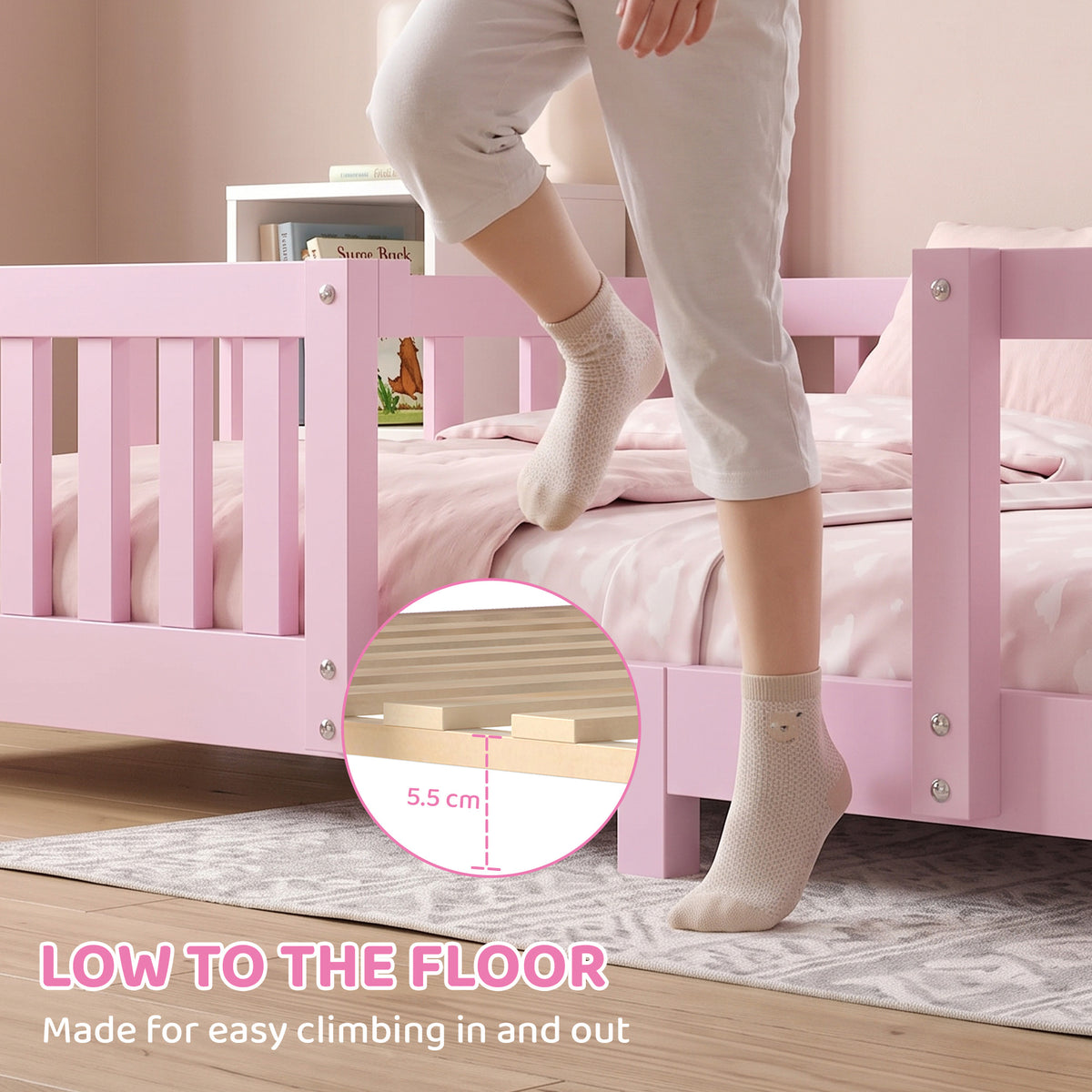 AIYAPLAY Wooden Kids House Single Bed Frame, Solid Pine Wood Toddler Bed with Dual Guardrails for Children, Boys, Girls, Pink