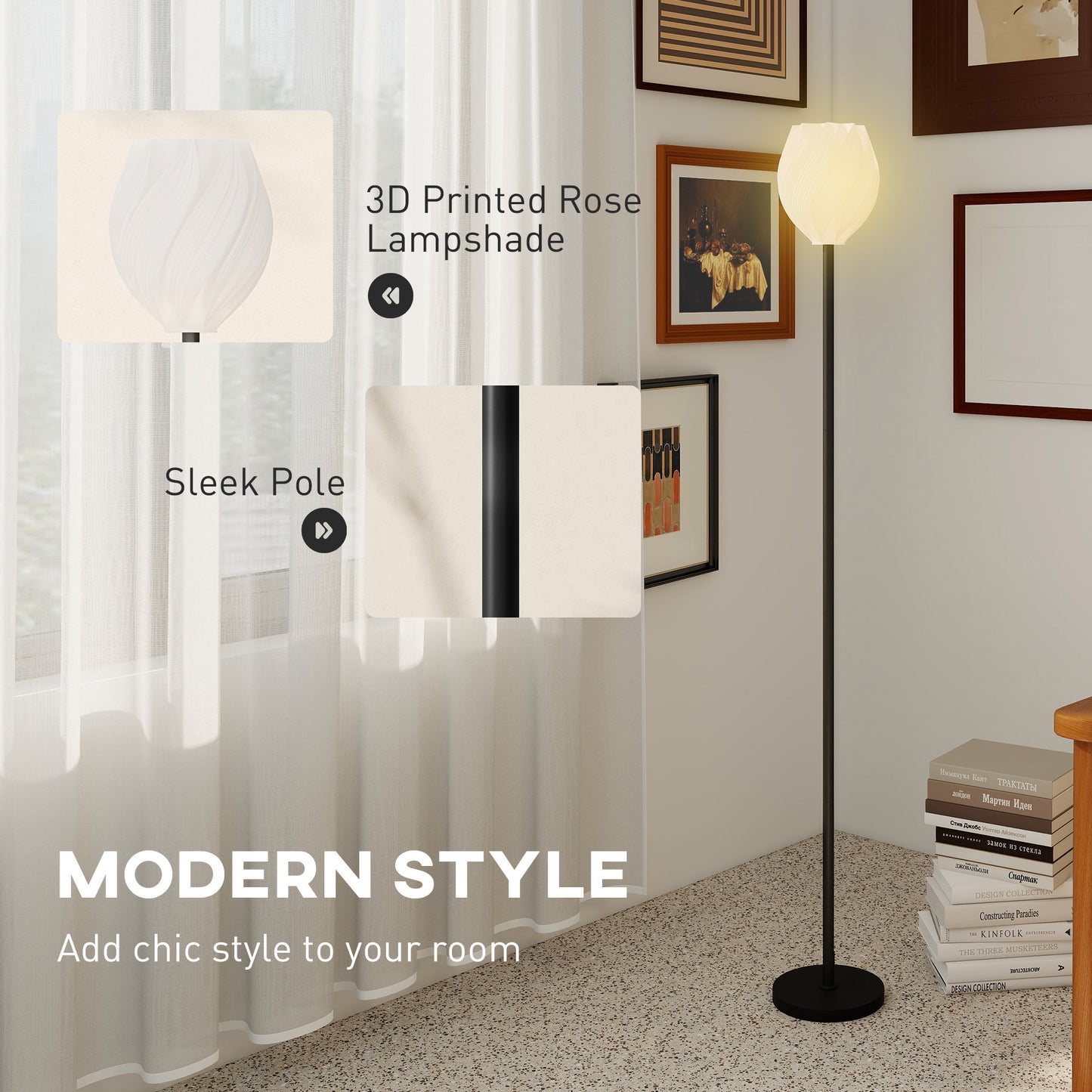 HOMCOM Flower Floor Lamp for Living Room, 3D Printed Modern Standing Lamp with Rose Shade, 3 Colour Temperature & Foot Switch, Minimalist Tall Pole Lampshade for Bedroom, Office, White