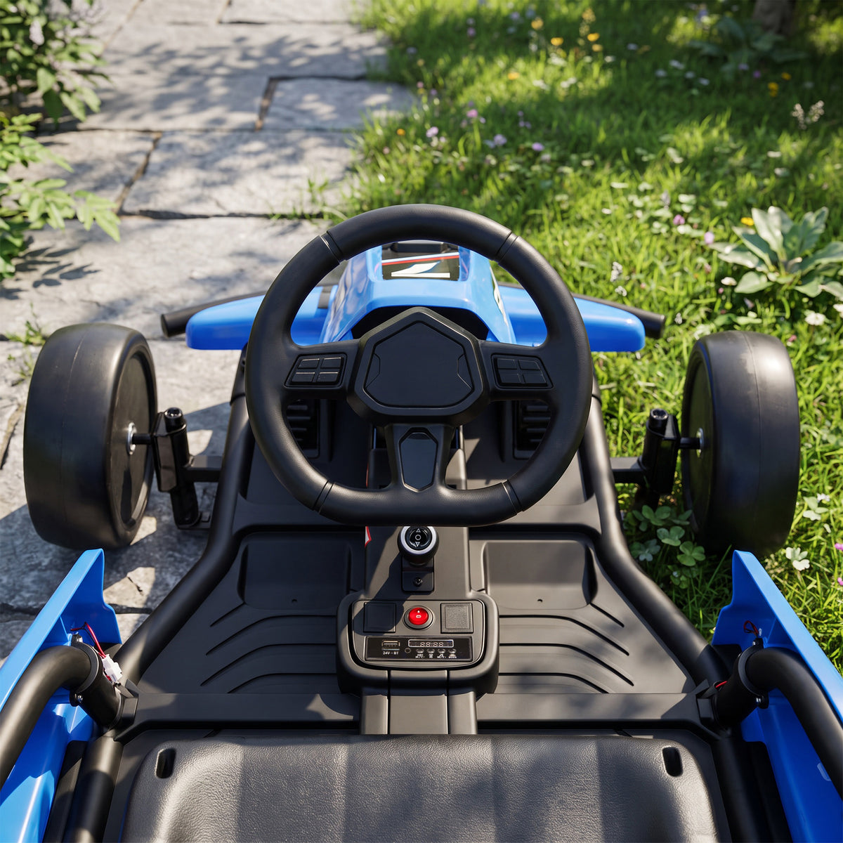 AIYAPLAY 24V Electric Drift Go Kart for Kids with Dual Motors, Soft Start, 12 KM/H High Speed, Headlight, for Ages 6-14, Blue