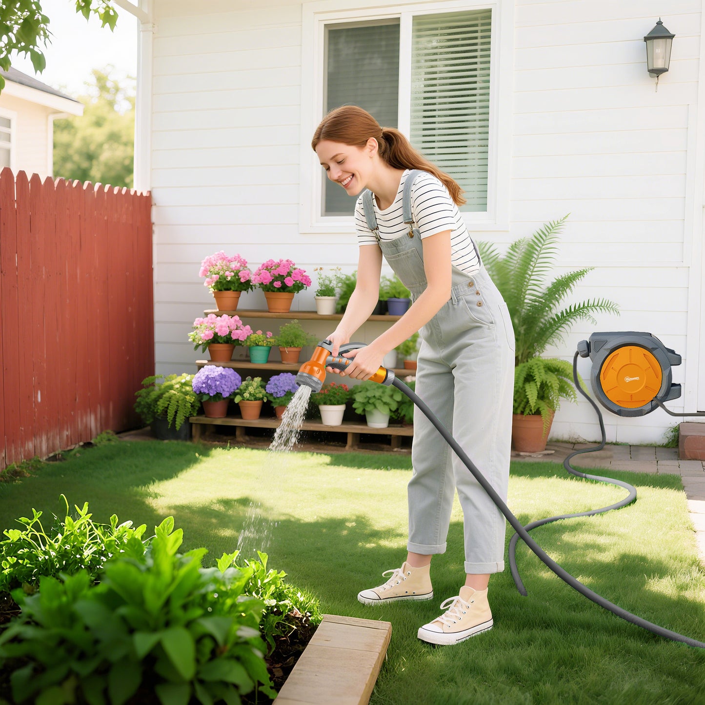 Outsunny Retractable Hose Reel Wall Mounted, 30+2m Garden Hose Pipe Reel with Lock, Auto Rewind, 7 in 1 Spray Nozzle, Includes Wall Fixings, 180Â° Swivel, Outdoor Watering, Orange
