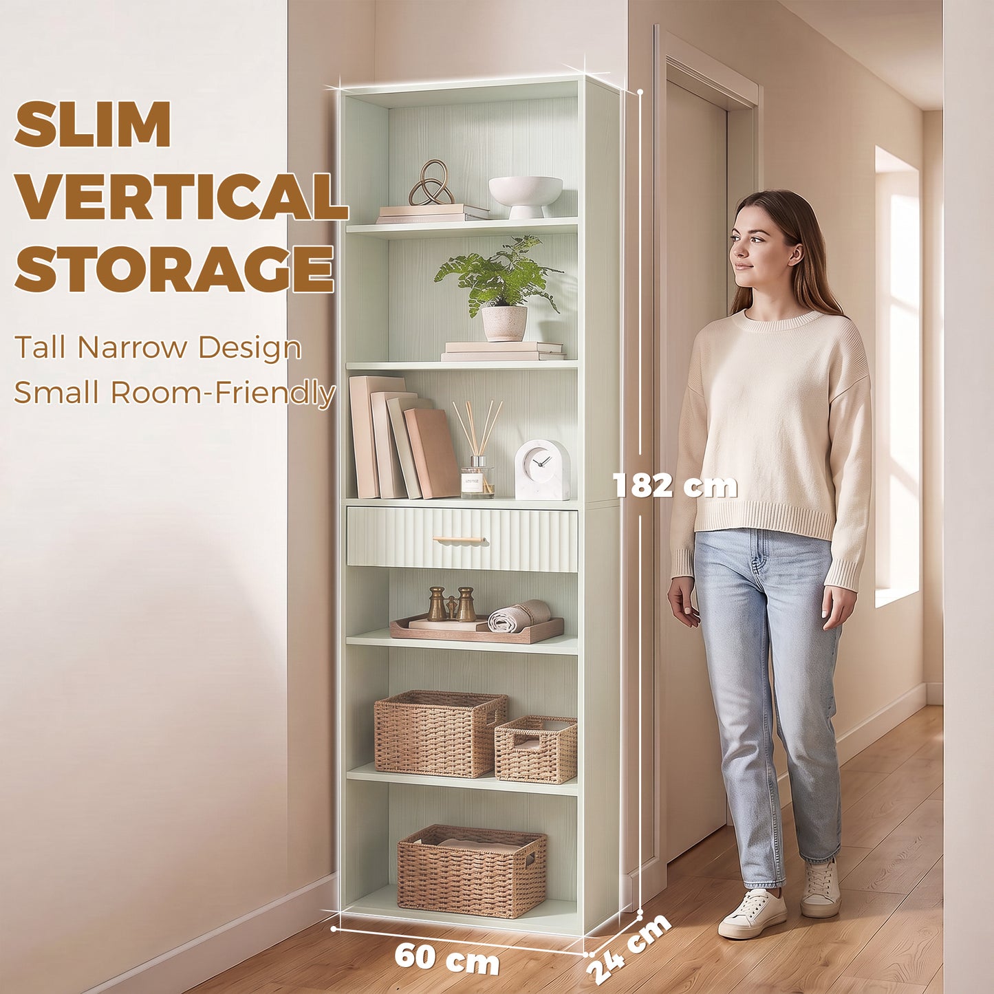 HOMCOM Bookcase Narrow Tall Space-Saving Bookshelf Drawer Open Shelves 60 x 24 x 182 cm Light Green
