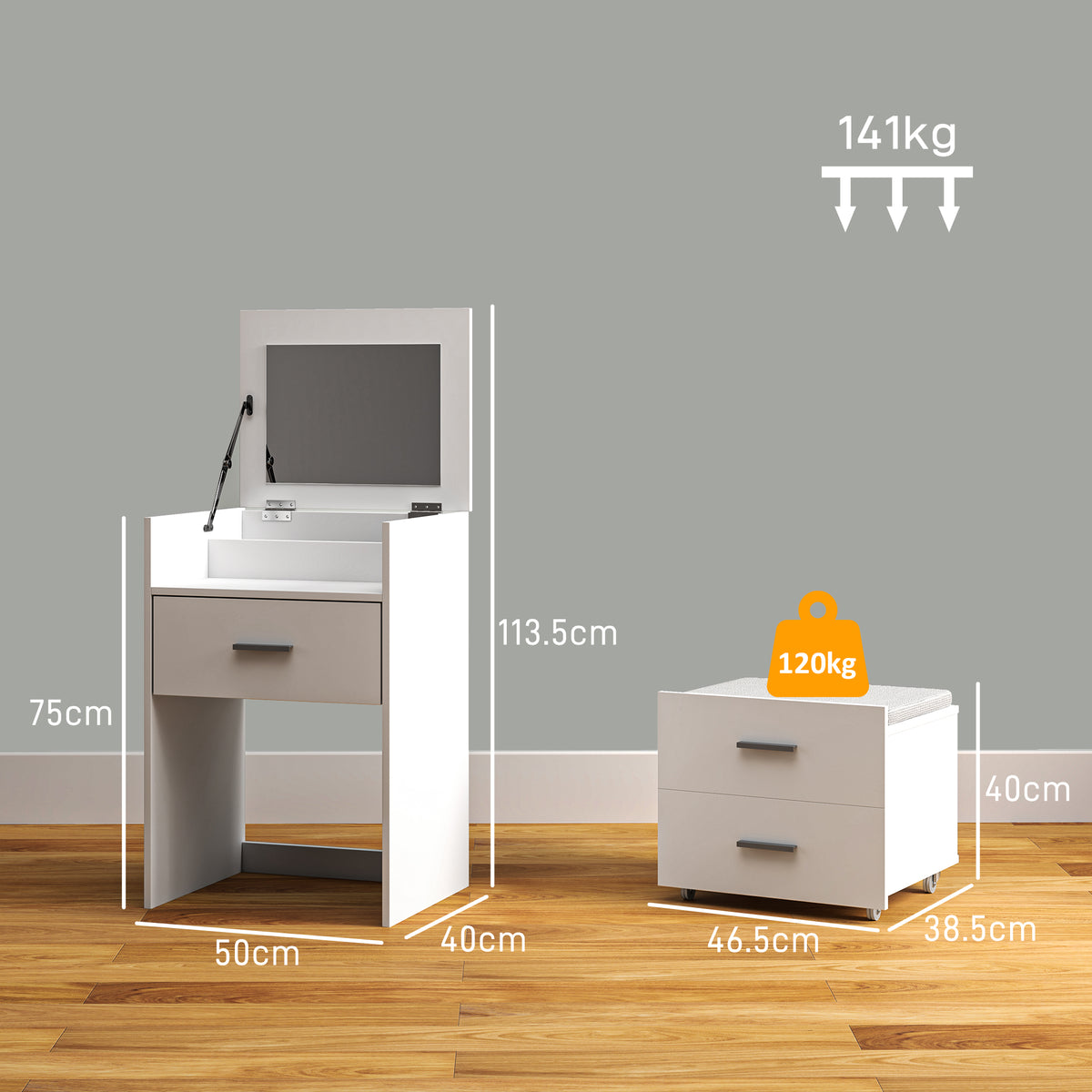 HOMCOM Vanity Desk with Mirror, Modern Dressing Table and Stool w/2 Drawers, Wheels, Flip-Up Mirror, Shelf, White