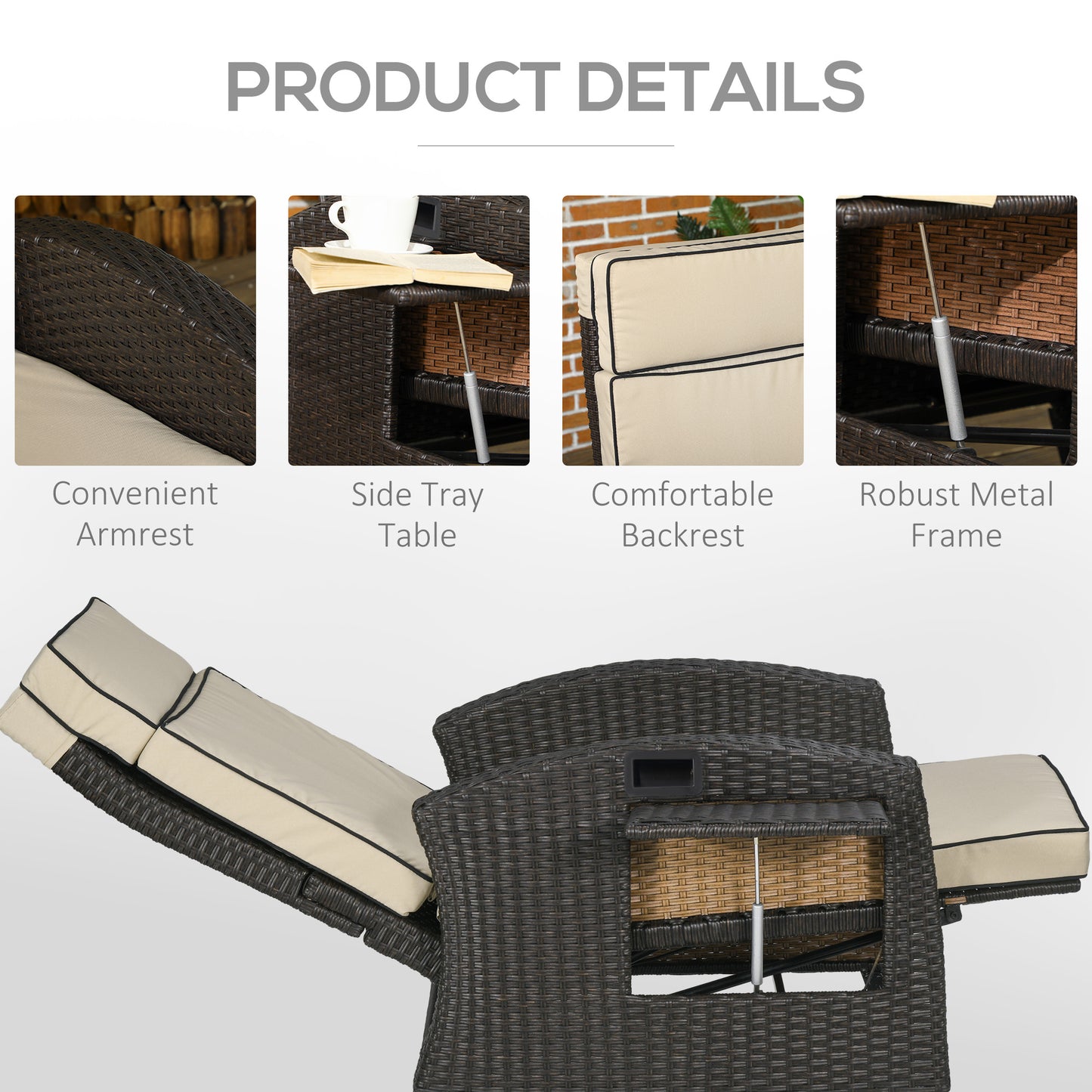 Outsunny Outdoor Recliner Chair with Adjustable Backrest and Footrest, Cushion, Side Tray, Khaki/Brown