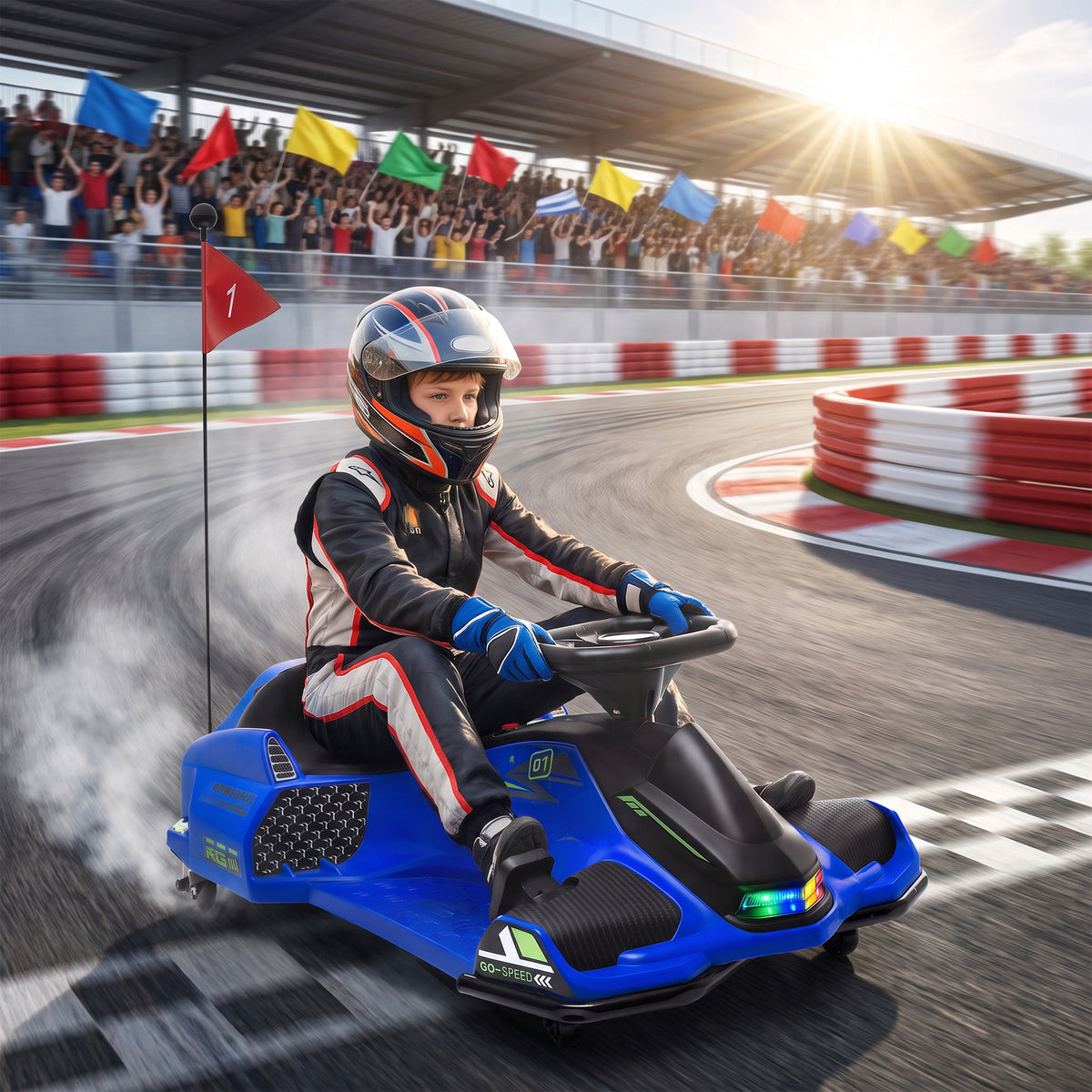 HOMCOM 12V Kids Electric Go Kart, Ride on Drift Car with 2 Speeds, Soft Start, Music, Colourful LED Lights for Ages 8-12, Blue