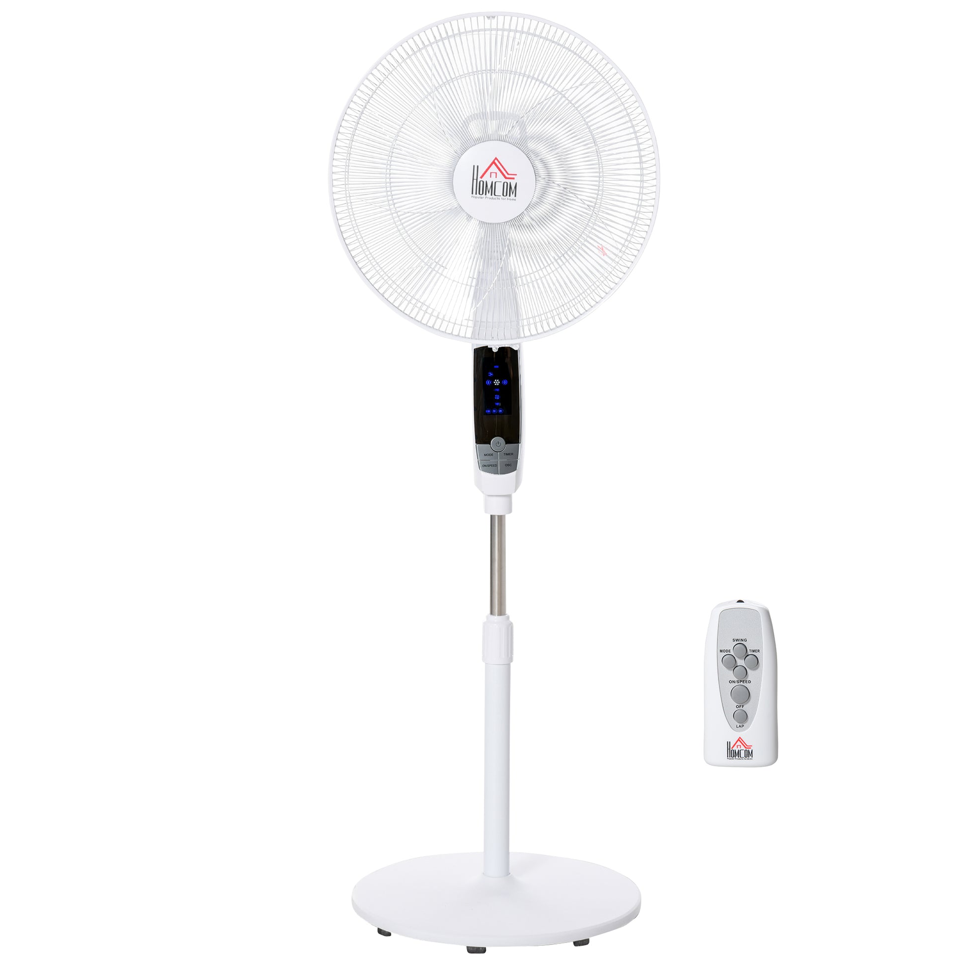 HOMCOM 16'' Pedestal Stand Fan, 3 Speed 3 Mode, 85Â° Oscillation, LED Panel, 3M Remote Controller, Height Adjustable for Living Room, Bedroom, Garage, Office, Black and White