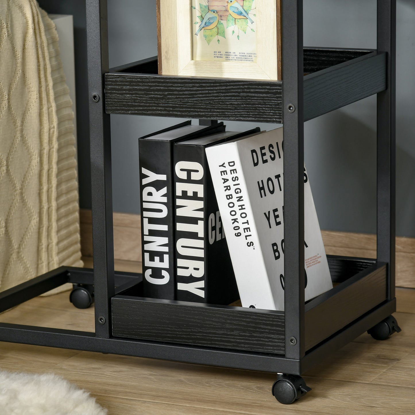 HOMCOM Mobile Sofa Side Table Set of 2, Industrial C-Shaped Rolling Table with 3-Tier Storage Shelving, Four Lockable Wheels Steel Frame, Dark Brown