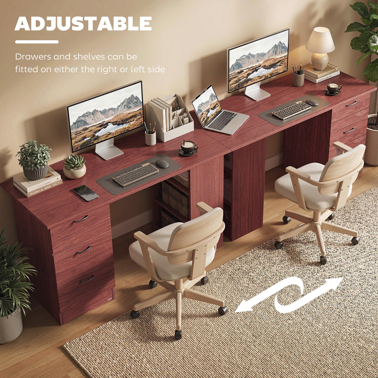 HOMCOM Computer Desk, Writing Table, PC Workstation with 3 Storage Shelves and Drawers, Handle, for Home Office, Walnut Brown