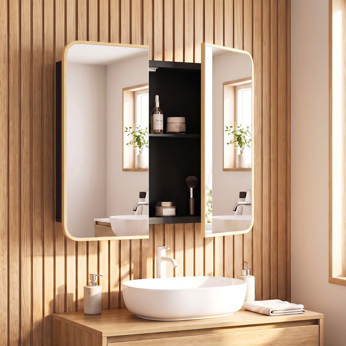 HOMCOM Bathroom Medicine Mirror Cabinet, Bathroom Wall Cabinet with Storage, Magnetic Doors and Adjustable Shelf, Natural