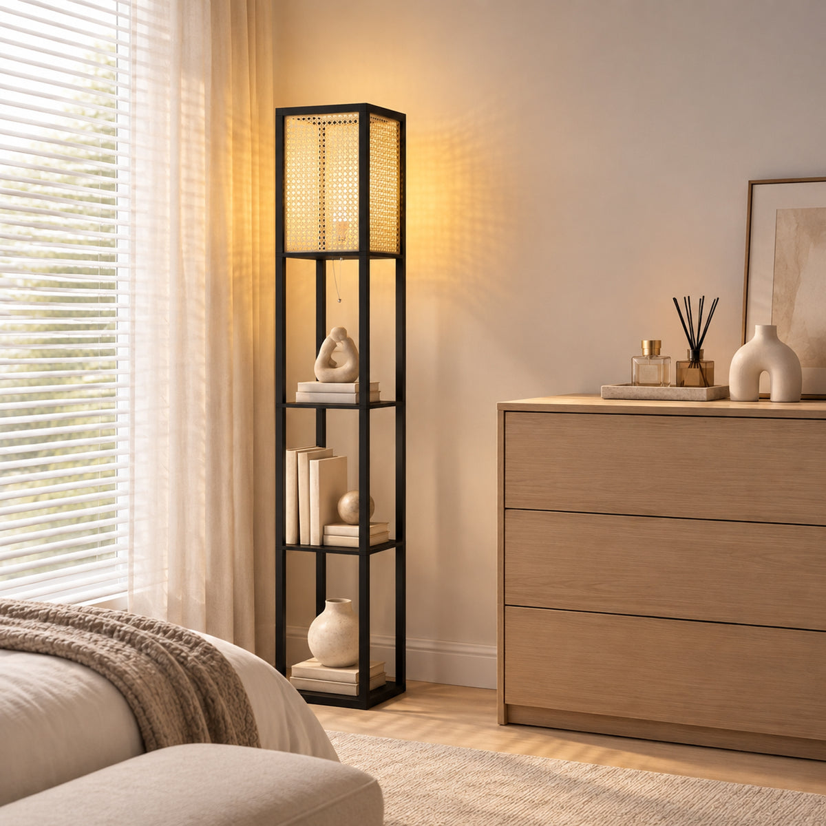 HOMCOM Floor Lamp with Shelves, Rattan Shade and Pull-Chain Switch, 3-Tier Storage Shelves for Bedroom Living Room, Black