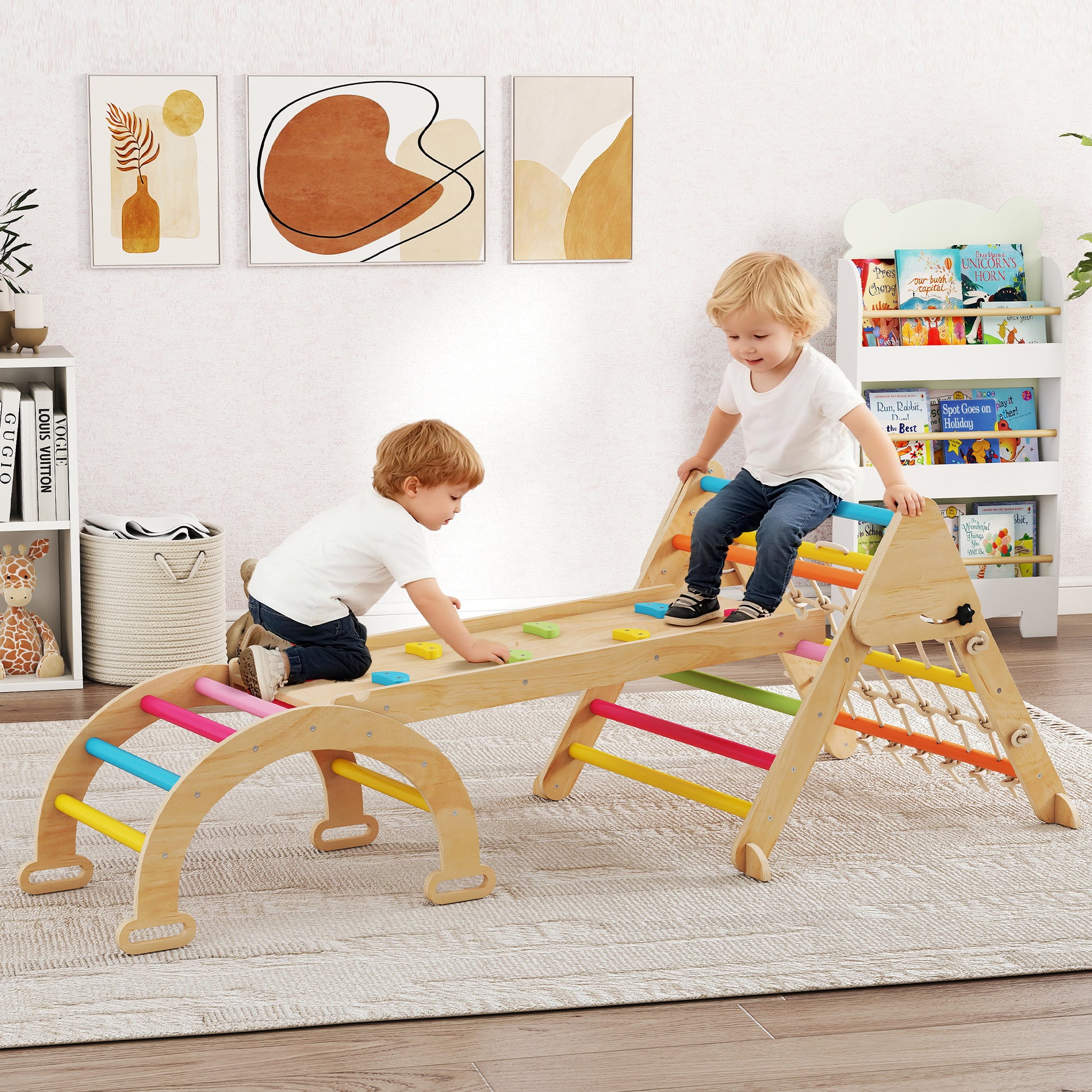 AIYAPLAY 8-in-1 Toddler Climbing Frame, Indoor Play Triangle Set with Slide, Arch and Triangle Ladder, Multicolour