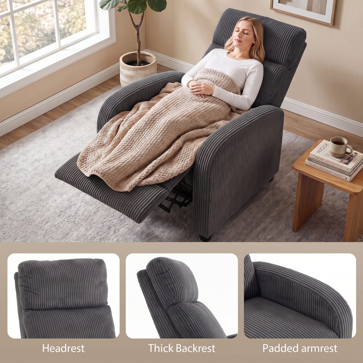 HOMCOM Recliner Armchair, Corduroy Push Back Reclining Chair with Thick Padding, Dark Grey