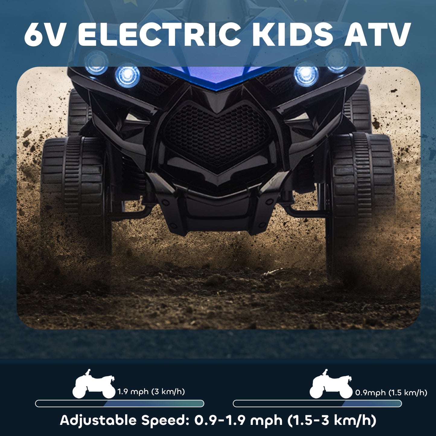AIYAPLAY 6V Kids ATV, 4 Wheeler Electric Ride on Car with Music and LED Headlights, for Ages 18-56 Months Boys and Girls, Blue