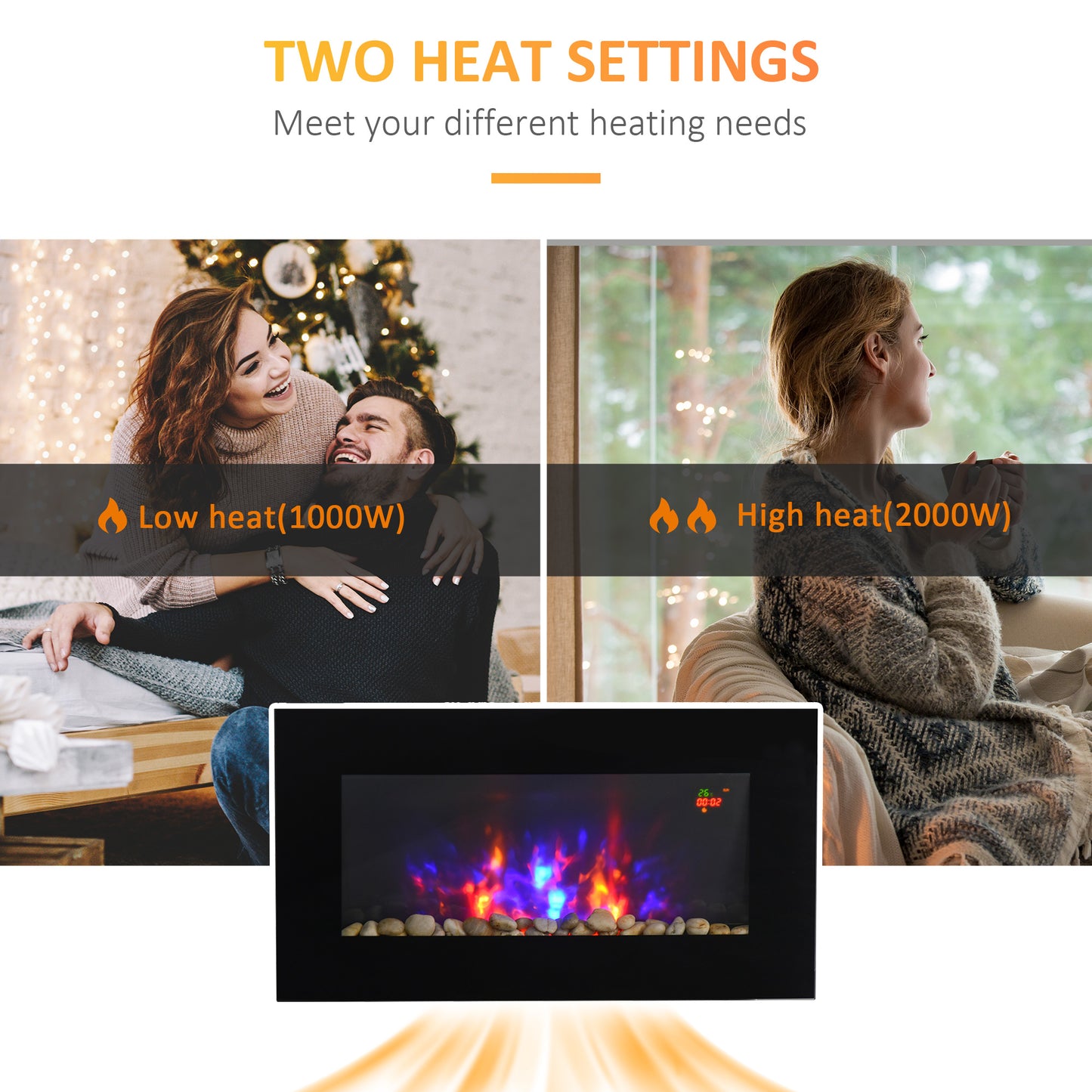 HOMCOM 1000W/2000W Electric Wall Fireplace w/ LED Flame Effect Timer Remote Sleek Stylish Safe Home Heating 20-25ãŽ¡
