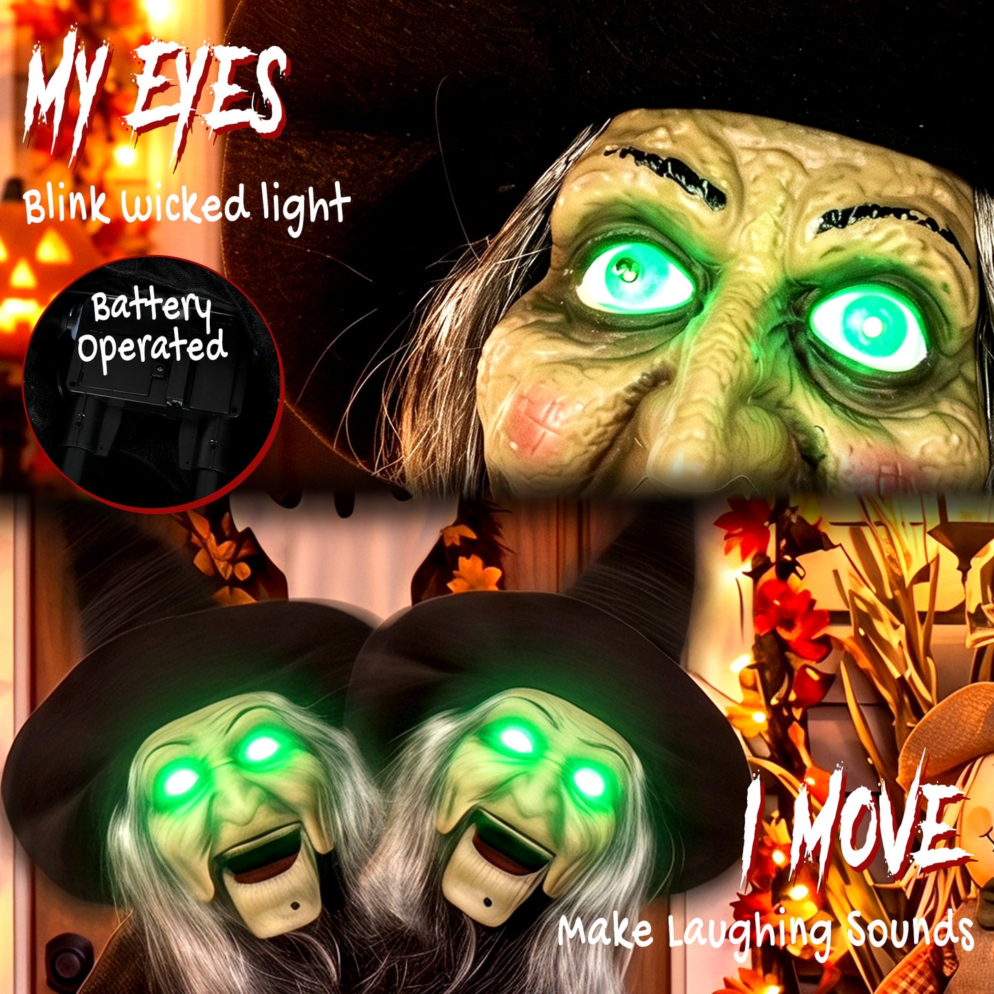 HOMCOM 94cm Animated Witch Halloween Decoration, Scary Halloween Animatronics Decor with Sound Touch Activated & Light Up Eyes