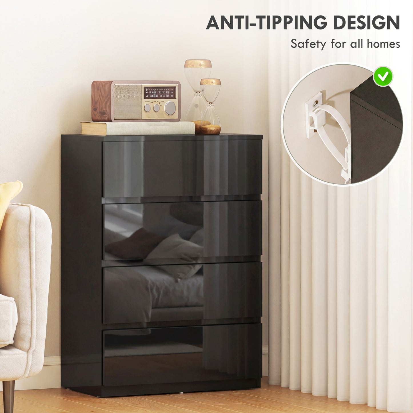 HOMCOM Chest of Drawers, 4-Drawer Storage Cabinets, Modern Dresser, Storage Drawer Unit for Bedroom