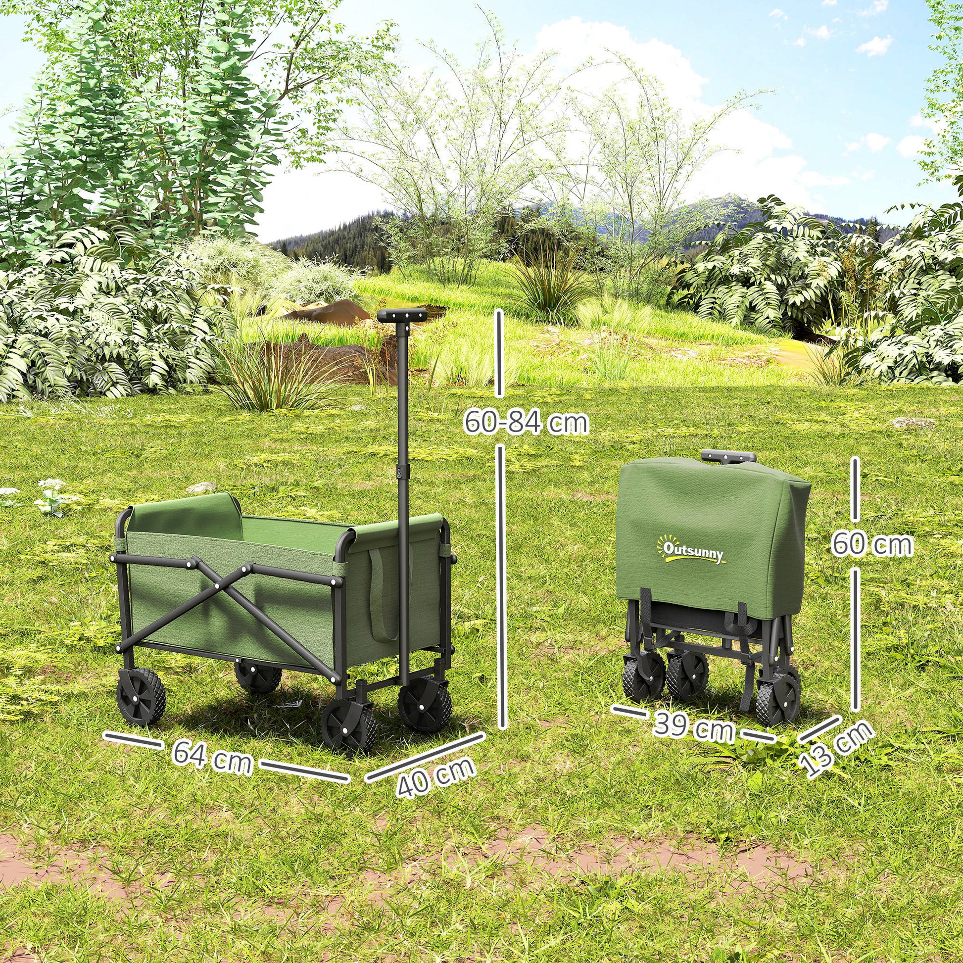 Outsunny 62L Festival Trolley on Wheels, Portable Small Folding Trolley Cart, 60kg Heavy Duty Collapsible Foldable Wagon with Adjustable Handle and Carrying Bag for Beach, Camping, Garden, Green
