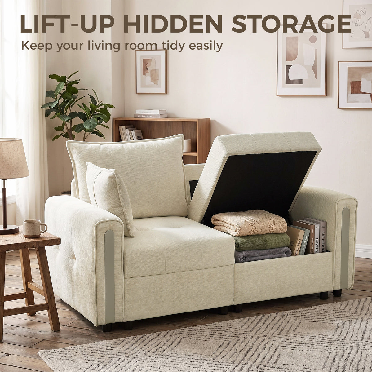 HOMCOM 2 Seater Sofa with Lift-Up Storage, 168 cm Comfy Velvet Small Couch with Wide Deep Seat, Plush Backrest, Thick Padding, 2 Pillows, Loveseat for Living Room, Home Office, Beige