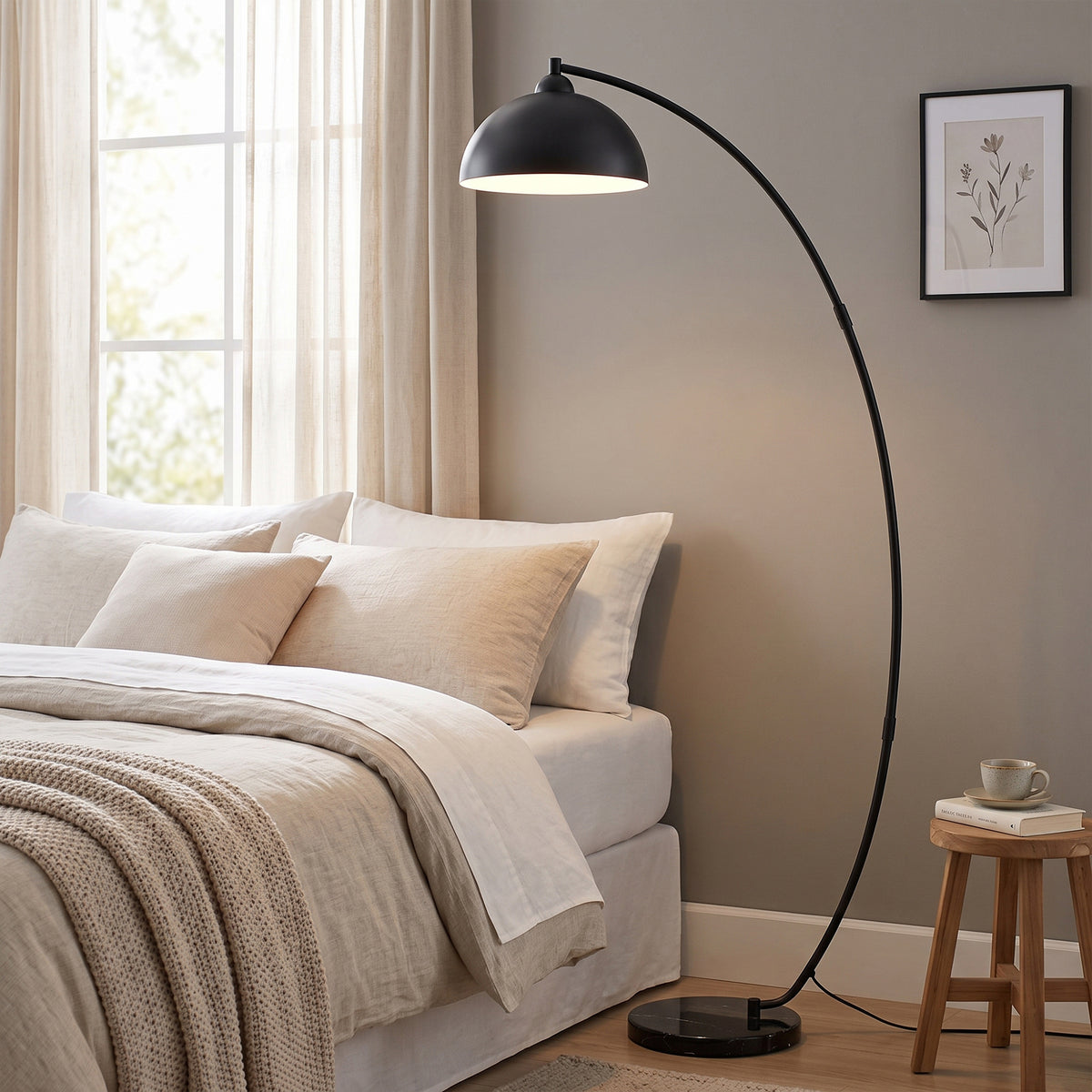HOMCOM C-Shaped Floor Lamp, Modern Standing Lamp with Bowl-Shaped Reflective Shade, Foot Switch and Marble Base, Black