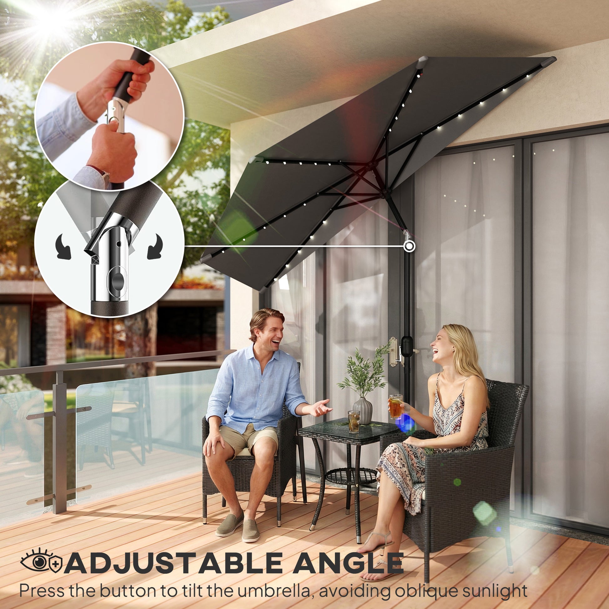 Outsunny 2.6 m Half Garden Parasol with Solar LED Lights, UPF50+ Semi Round Umbrella with 30Â° Tilt, Crank Handle, Dark Grey
