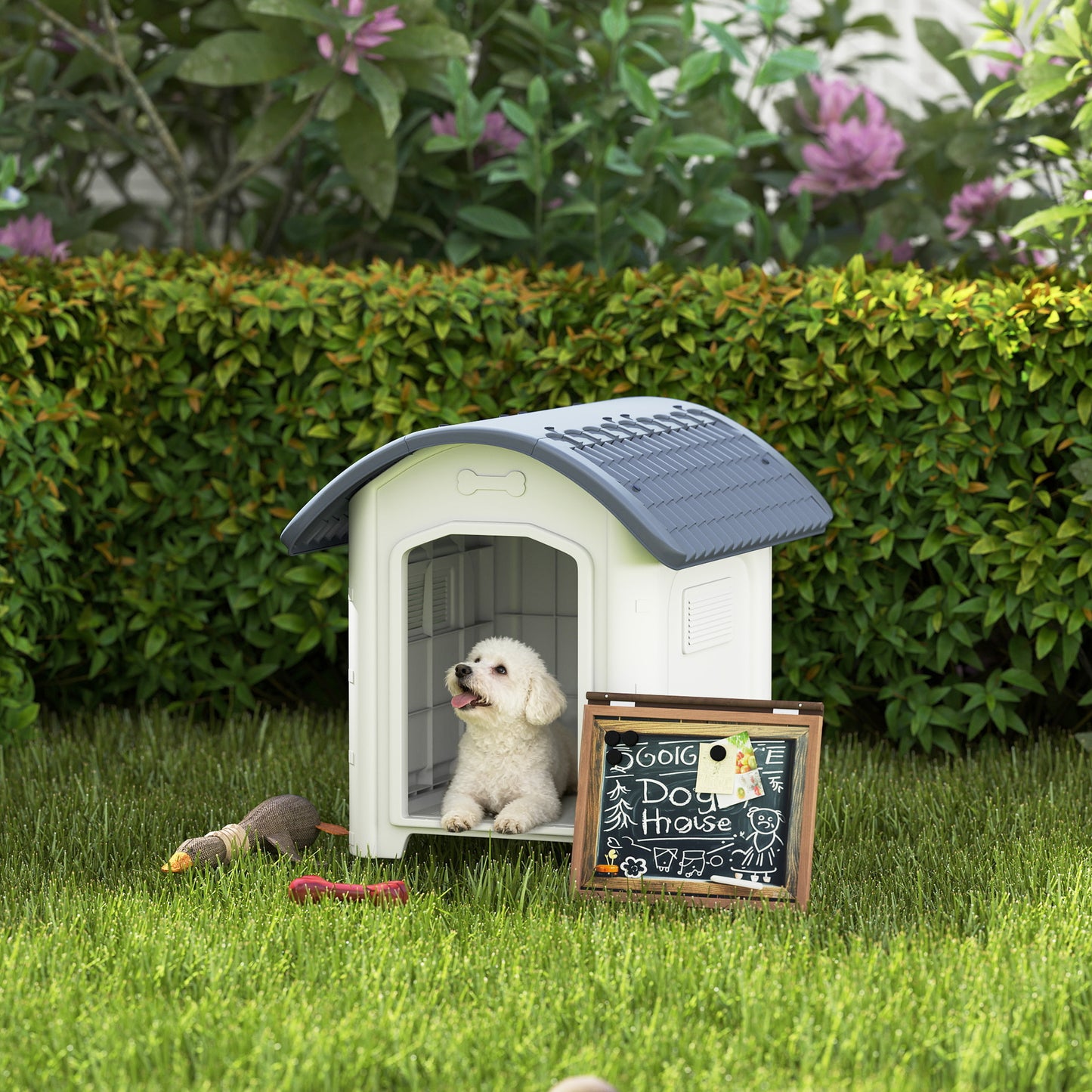 PawHut Outdoor Dog Kennel, Plastic Dog House with Removable Floor, Waterproof Roof, Raised Floor, 71 x 60 x 63 cm