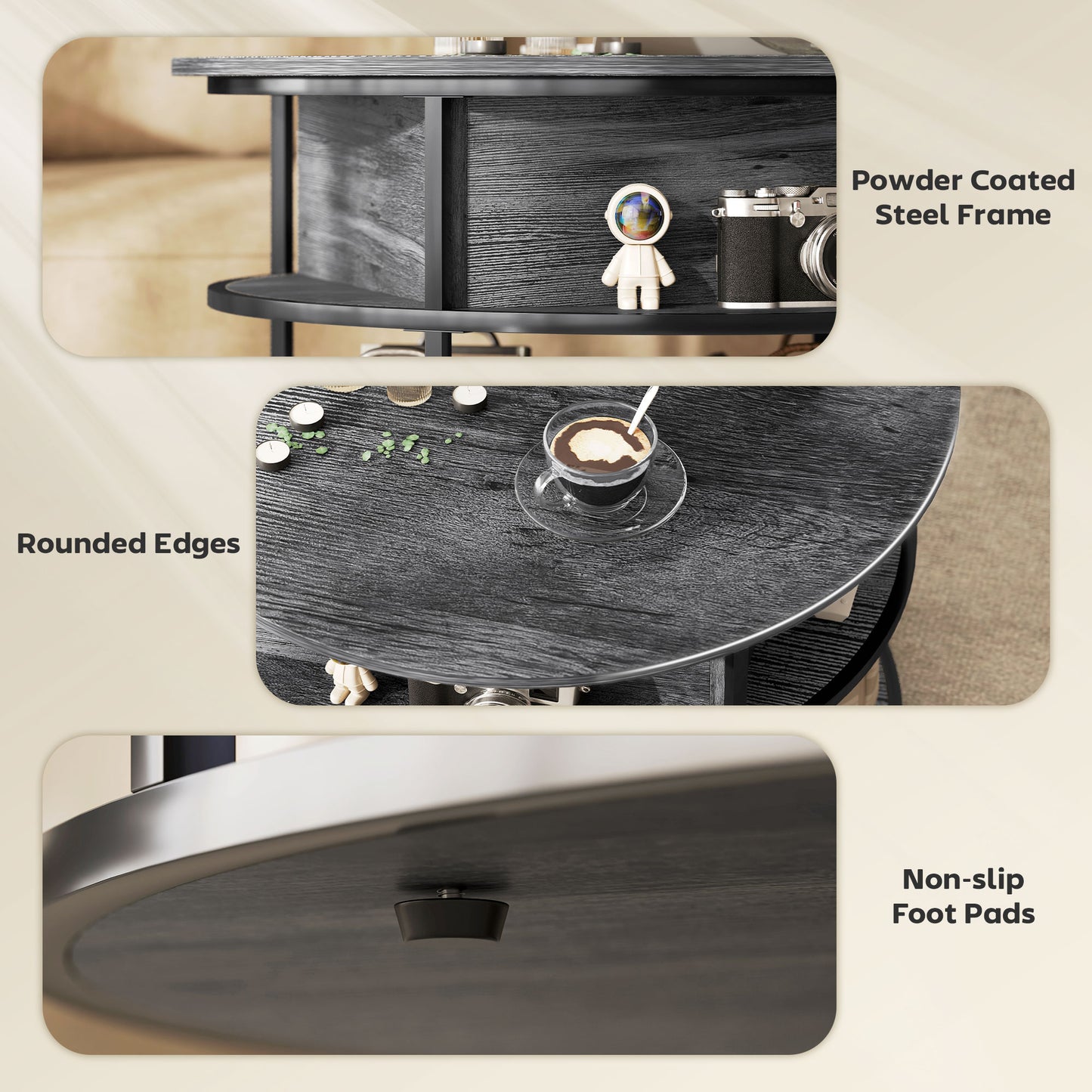 HOMCOM Lift Top Coffee Table, Round Coffee Table with Storage Shelf, Hidden Compartment and Steel Frame for Living Room, Home Office, Charcoal Grey