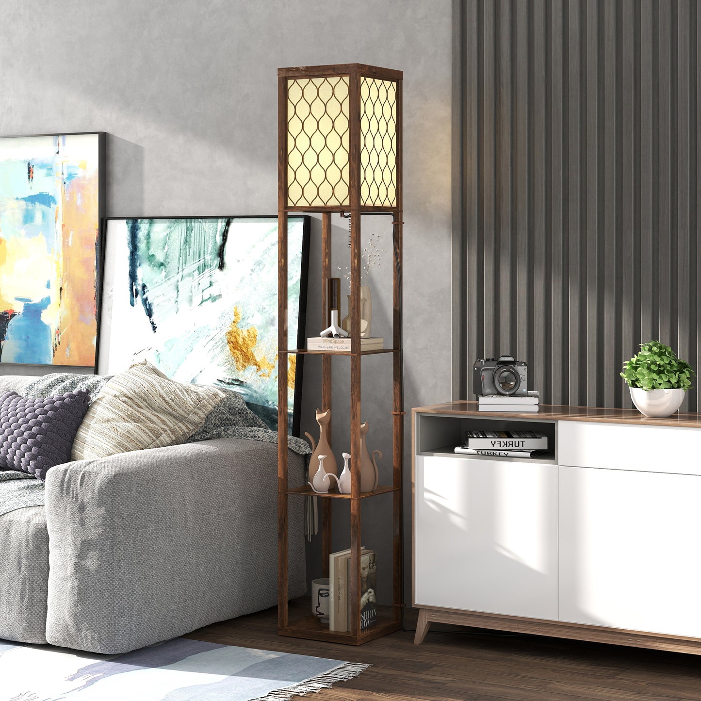 HOMCOM Three-Shelf Standing Lamp - Rustic Brown/White