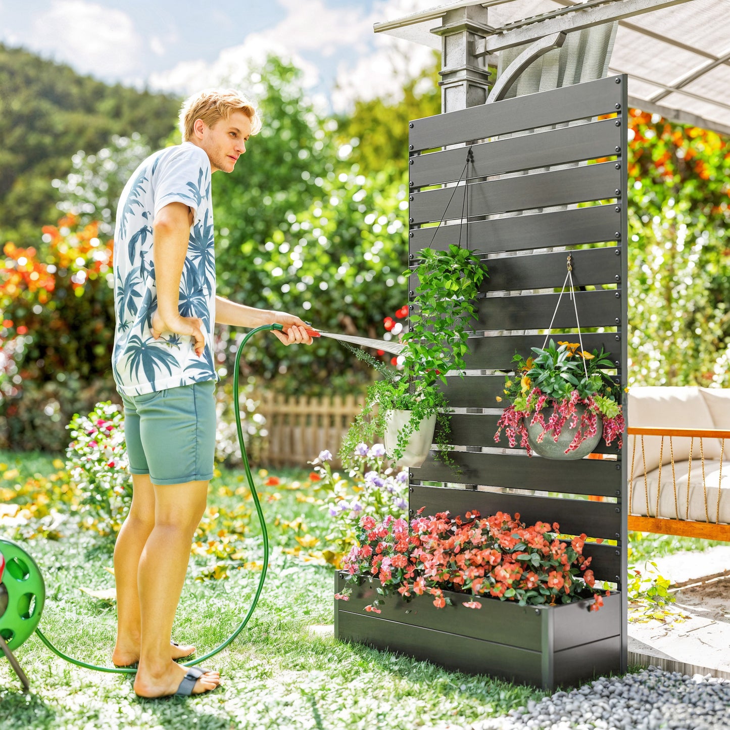 Outsunny Raised Bed for Garden, Planter with Trellis for Climbing Plants, Vines, Planter Box with Drainage Gap, Black