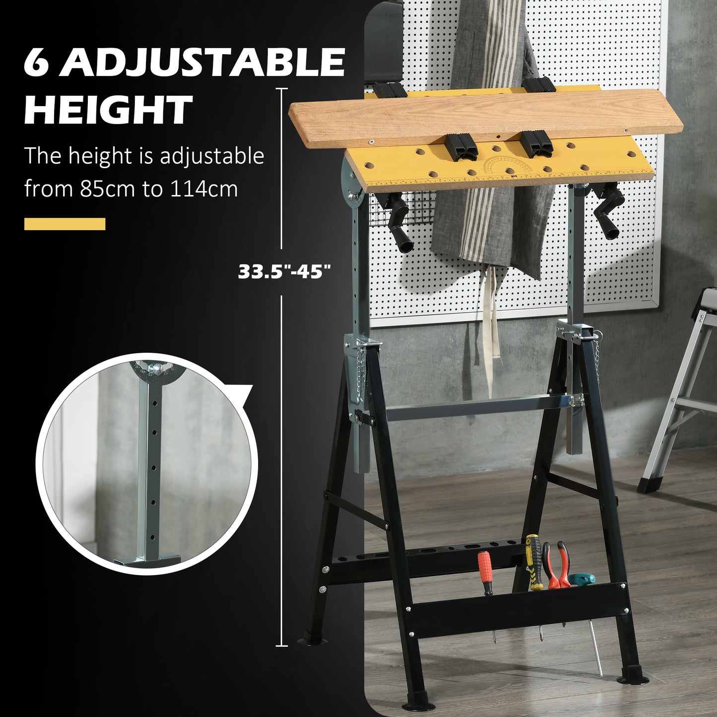 HOMCOM Portable Folding Workbench with Adjustable Height & Angle, Work Bench with 4 Adjustable Clamping Pegs, Beige