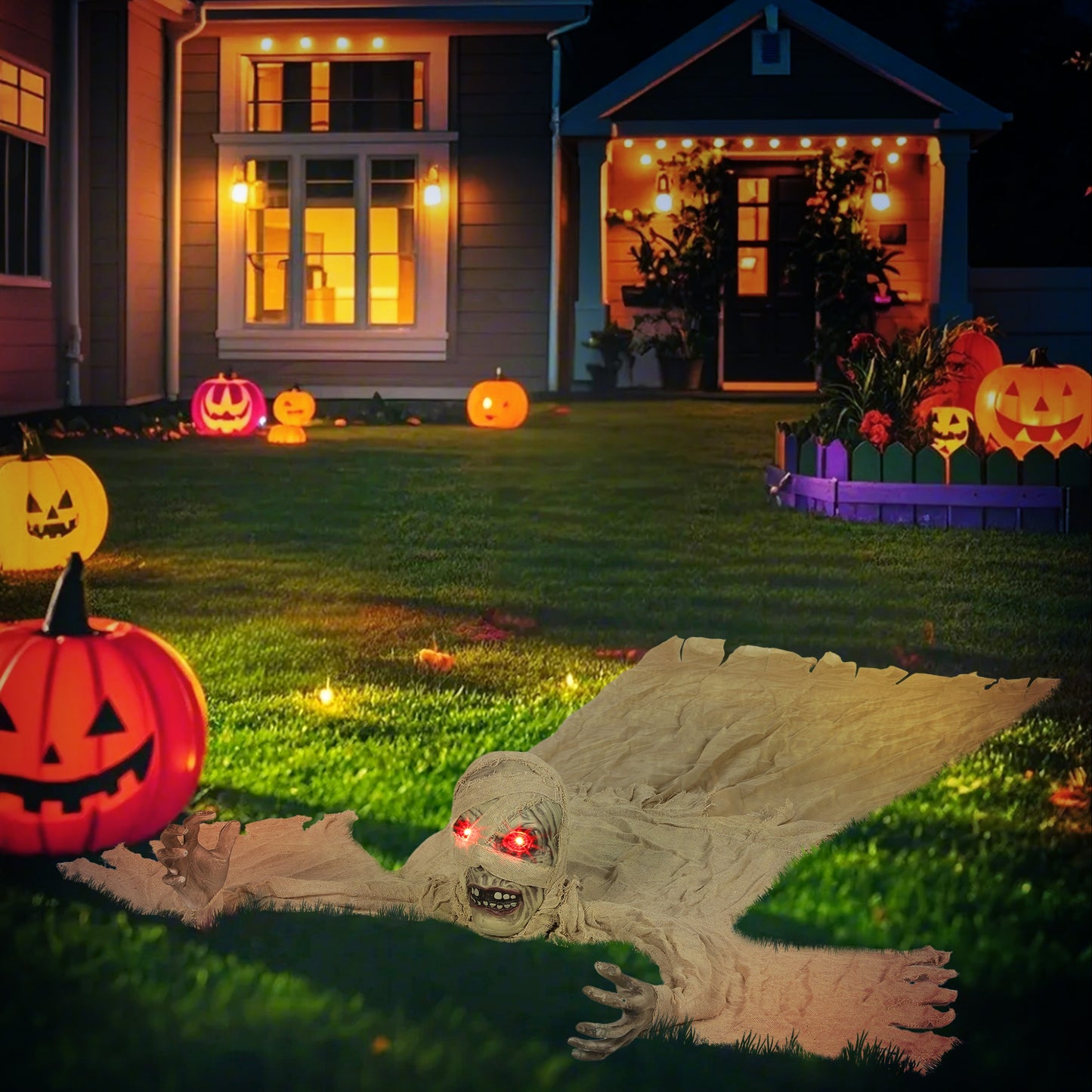 Outsunny 183 cm Life Size Halloween Animated Crawling Mummy with Glowing LED Eyes, 8/16H Timer, Scary Halloween Decorations, Battery Operated, Indoor Outdoor Party Props