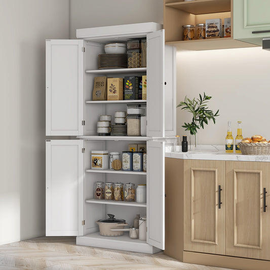 HOMCOM White Kitchen Cupboard with 4 Doors, Tall Design, Adjustable Shelves for Kitchen Storage, White