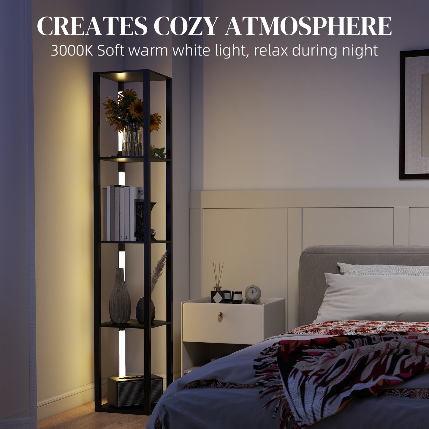 HOMCOM LED Floor Lamp with Shelves, Modern Dimmable Standing Lamp with 3 Brightness Levels and Foot Switch for Living Room, Bedroom, Office, Black