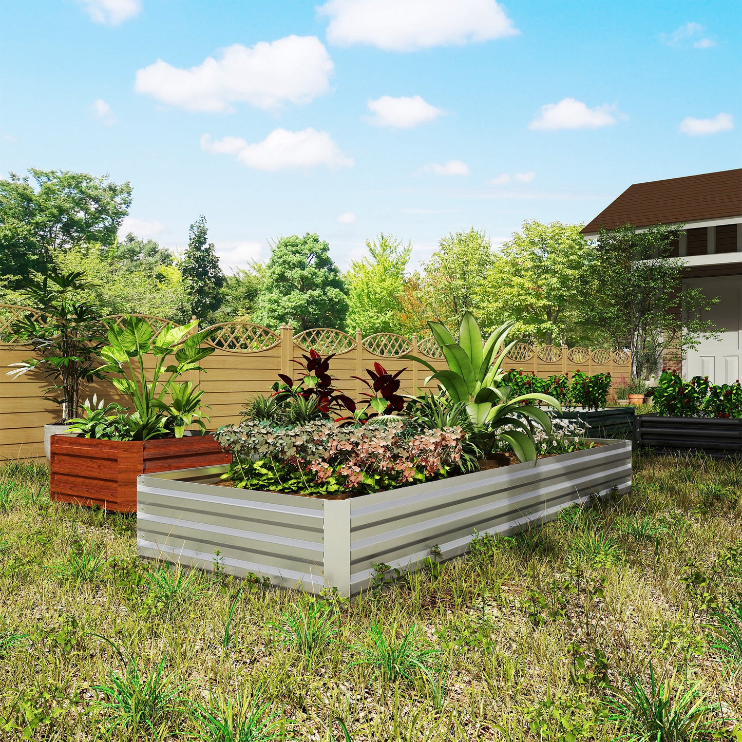 Outsunny Metal Raised Garden Bed Planter Box Outdoor Planters for Growing Flowers, Herbs, Green, Silver