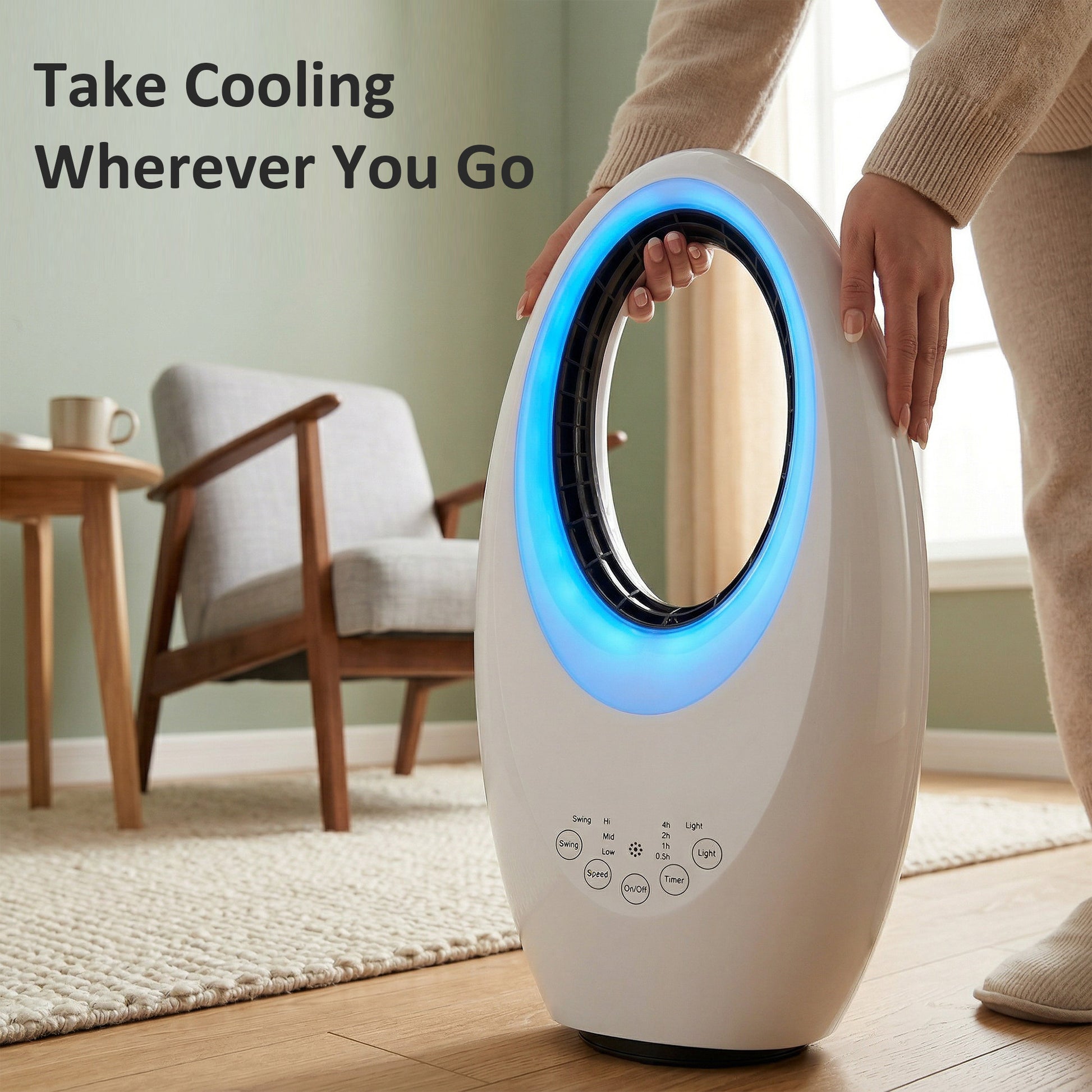 HOMCOM Bladeless Tower Fan, 36dB Standing Cooling Fan with 60Â° Oscillating, LED Lights, 3 Speeds, 7.5H Timer, Remote Control