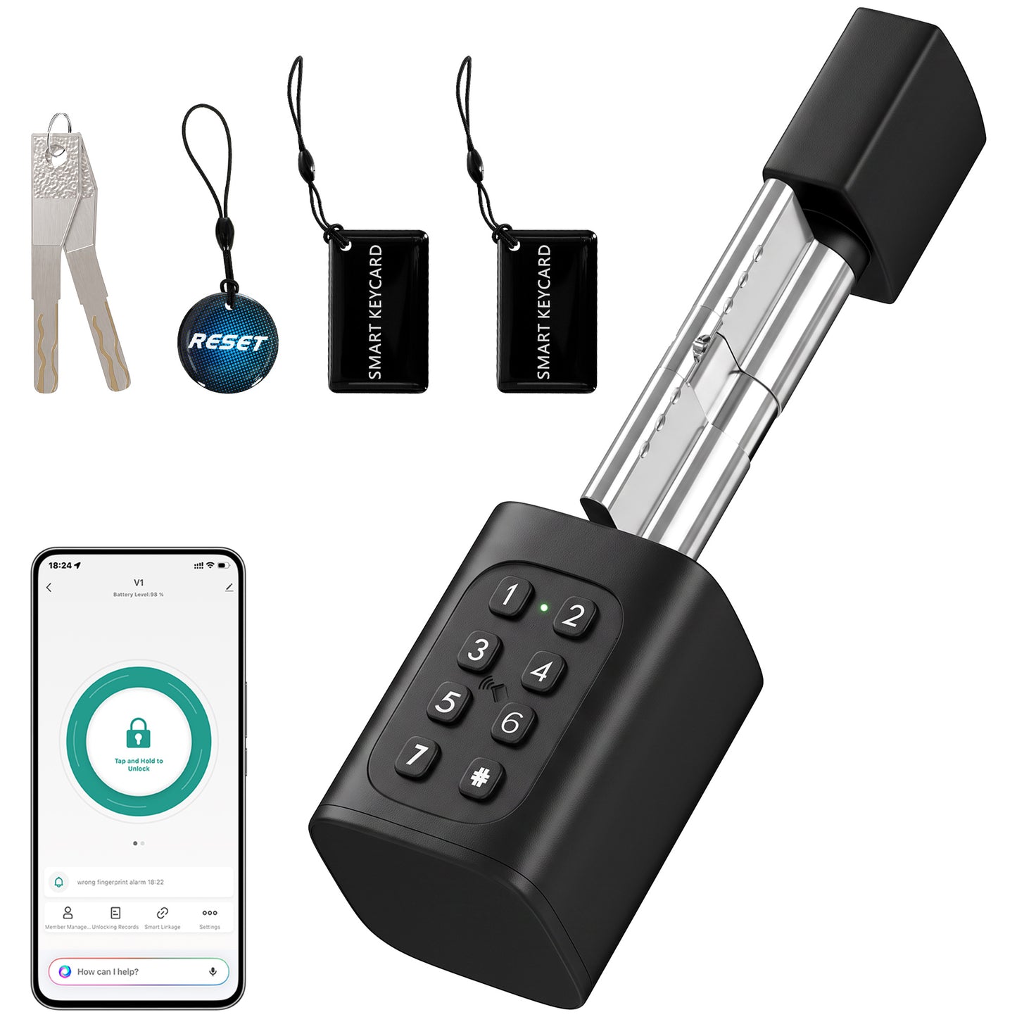 HOMCOM Smart Door Cylinder, 5-in-1 (Fingerprint Biometrics/Passcode/APP/NFC Card/Key), Shared Access, Bluetooth Cylinder