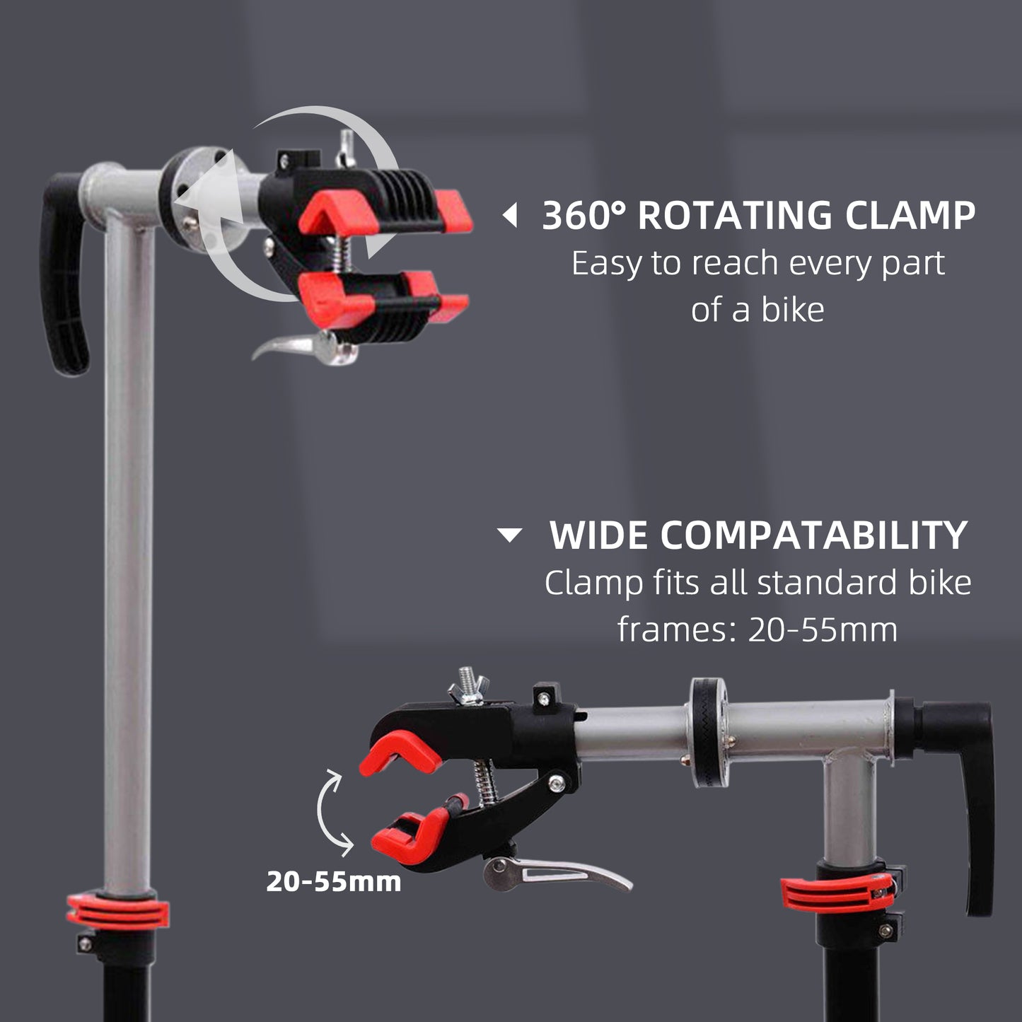 HOMCOM Bike Repair Stand Workstation, Bicycle Maintenance Workstand, Height Adjustable, with Tool Tray & 360Â° Rotating Adjustable Clamp for Home Mechanic Workshop