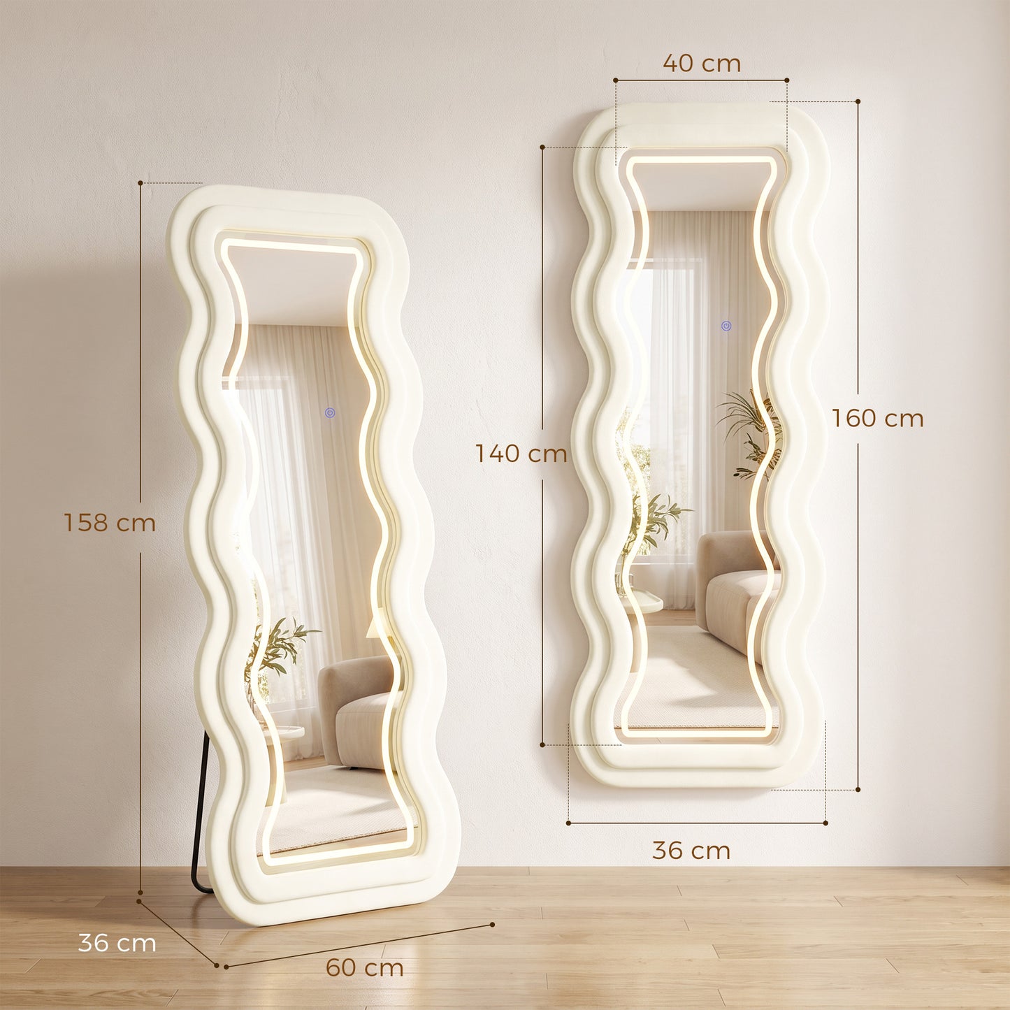 HOMCOM Full Length Mirror, 160 x 60 cm Wavy Full Body Wall Standing Mirror with Velvet Frame and Tempered Glass, Cream White