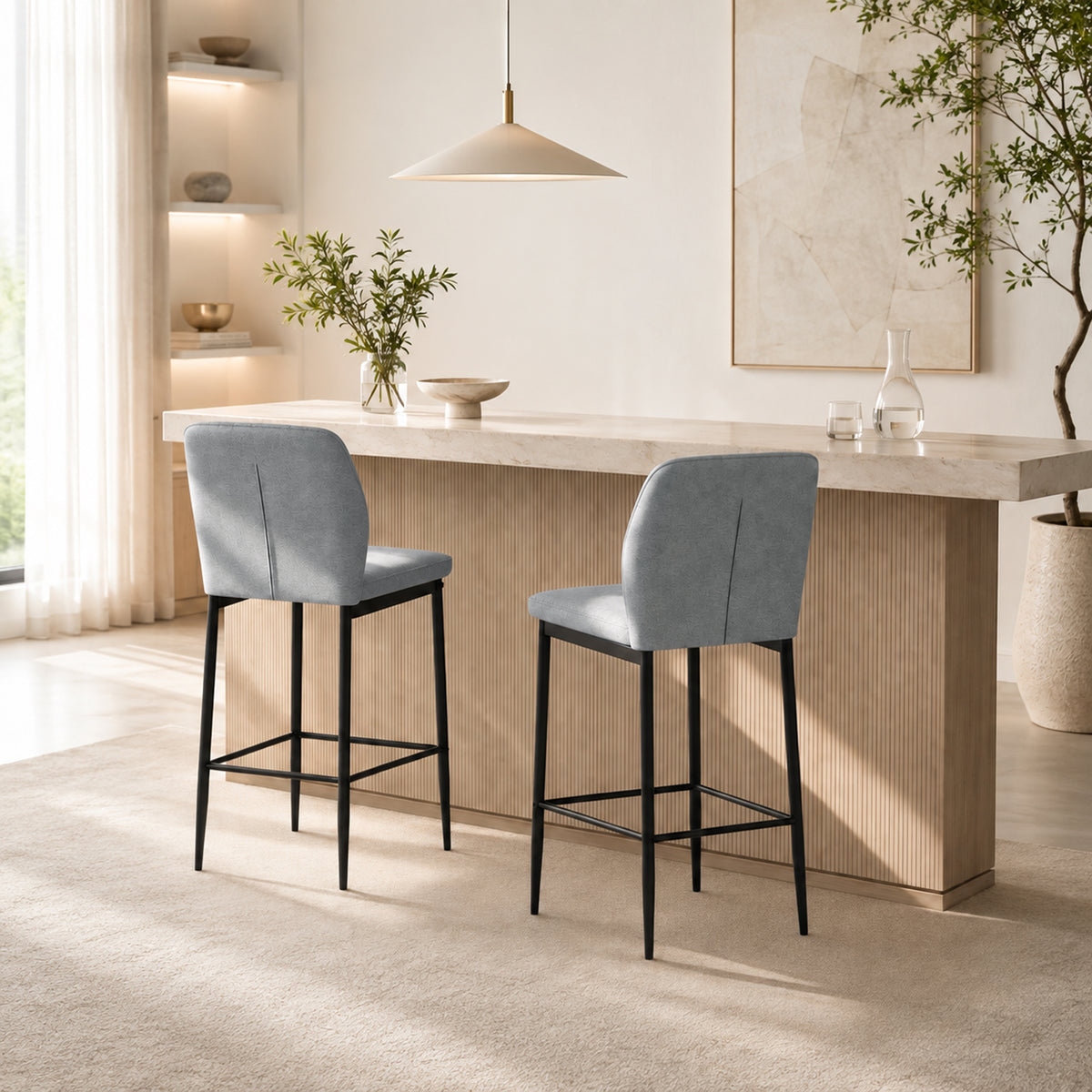 HOMCOM Modern Tall Chairs, Set of 2 Velvet Bar Stools with Footrest and Backrest, Kitchen & Living Room Stools, Grey