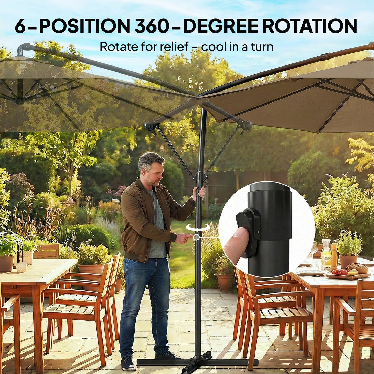 Outsunny 3 m Garden Cantilever Parasol with Cover, Round Overhanging Umbrella with 360Â° Rotation, Tilt, Khaki
