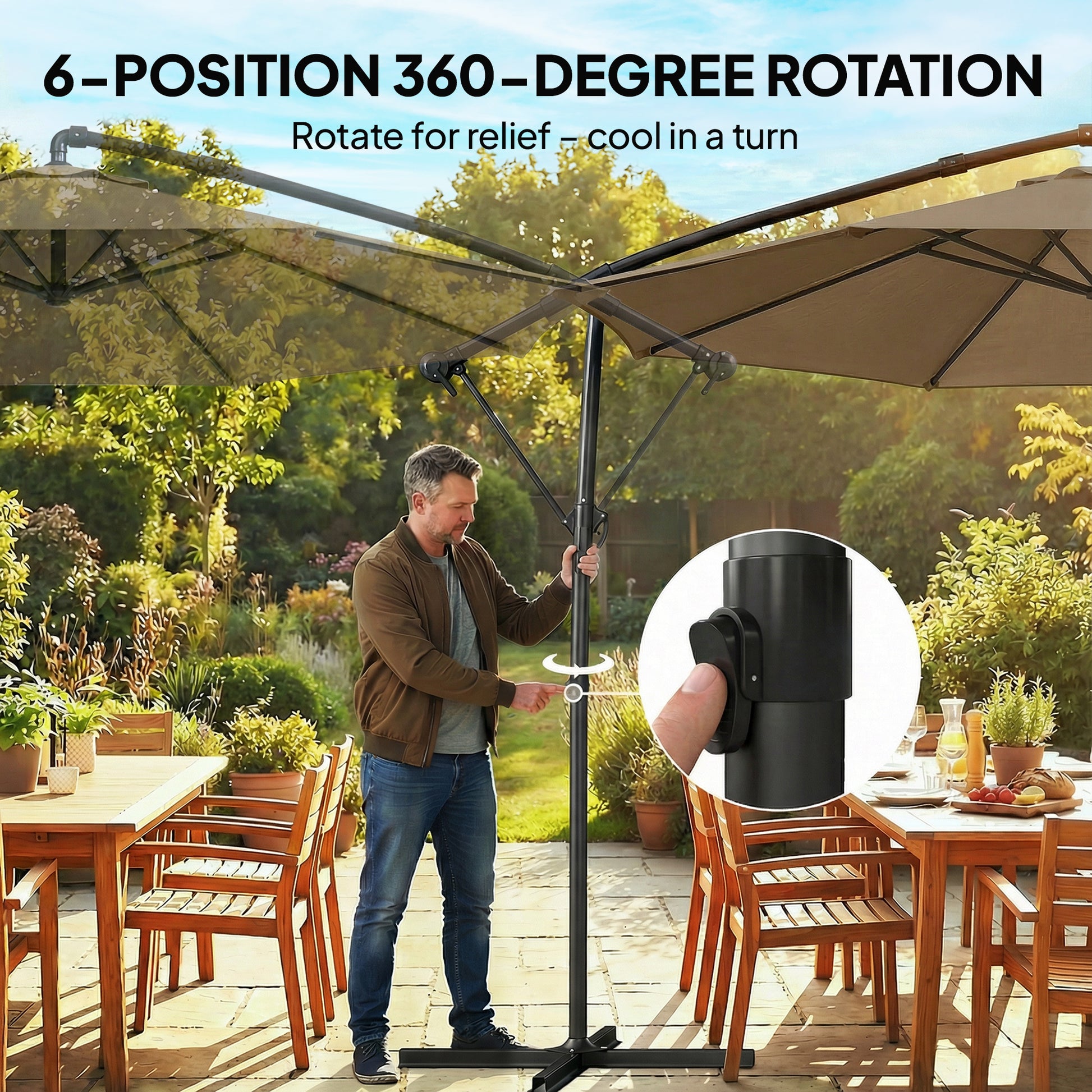 Outsunny 3 m Garden Cantilever Parasol with Cover, Round Overhanging Umbrella with 360Â° Rotation, Tilt, Khaki