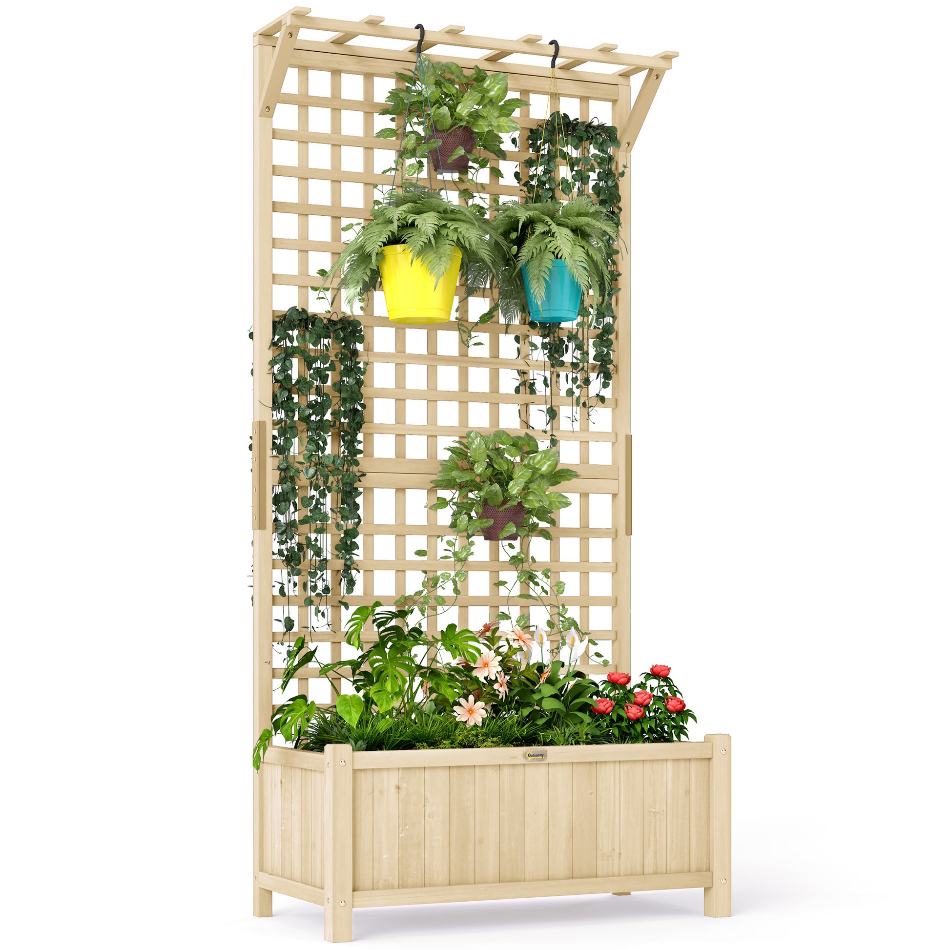 Outsunny Raised Bed & Privacy Screen with Drainage Holes, Wood Planter with Trellis for Climbing Plants to Grow Vegetables, Flowers, Natural