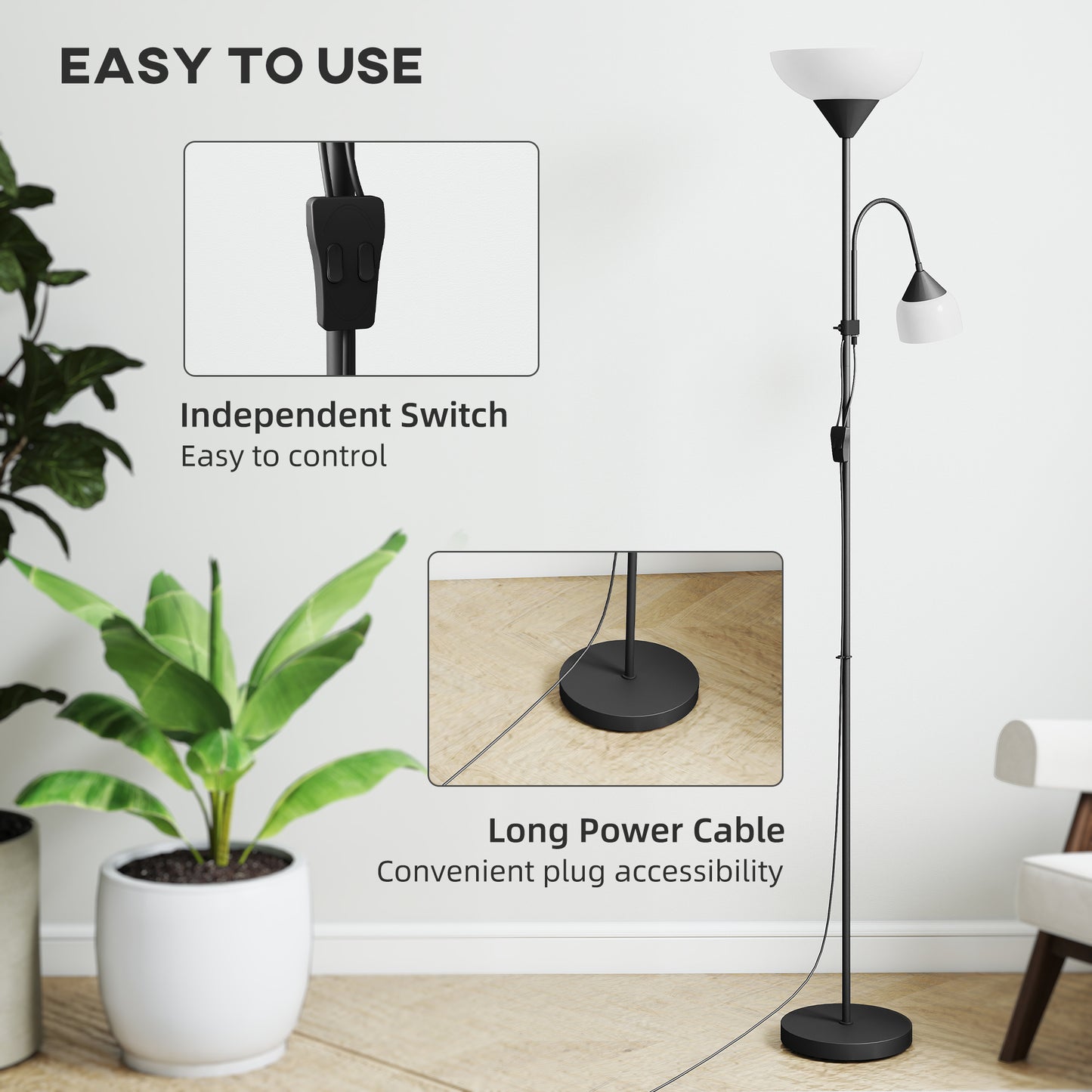HOMCOM LED Floor Lamp for Living Room, 180cm Tall Standing Lamp, Mother and Child Uplighter with Adjustable Gooseneck, Black