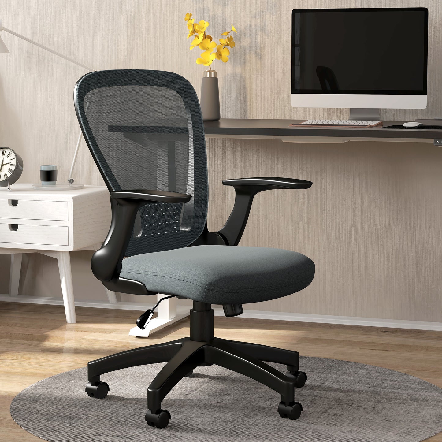 Vinsetto Ergonomic Office Chair, Mesh Desk Chair with Flip-up Armrest, Lumbar Back Support, Swivel Wheels, Grey