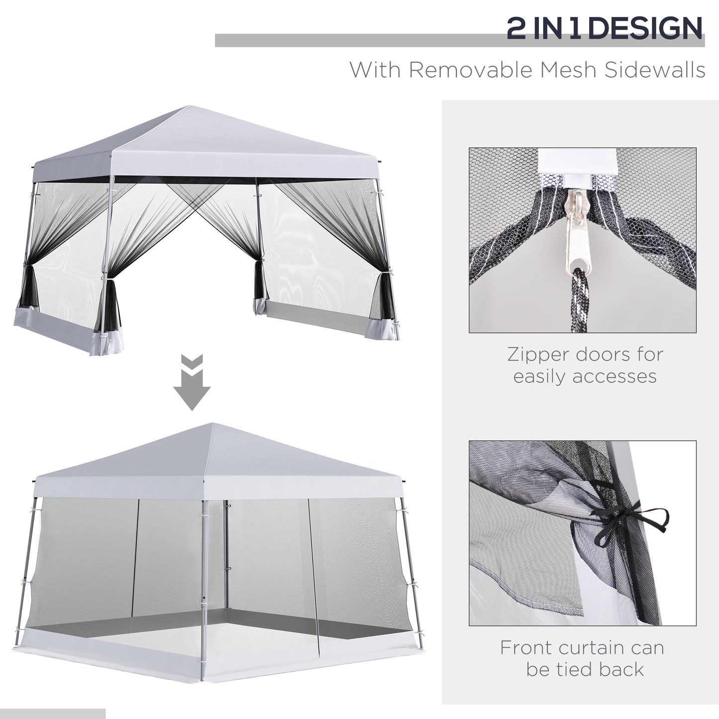 Outsunny Outdoor Garden Pop-up Gazebo Canopy Tent Sun Shade Event Shelter Folding with Adjustable Height, Mesh Screen Side Walls 3.5 M Ã— 3.5 M Base / 3 M Ã— 3 M Top, White