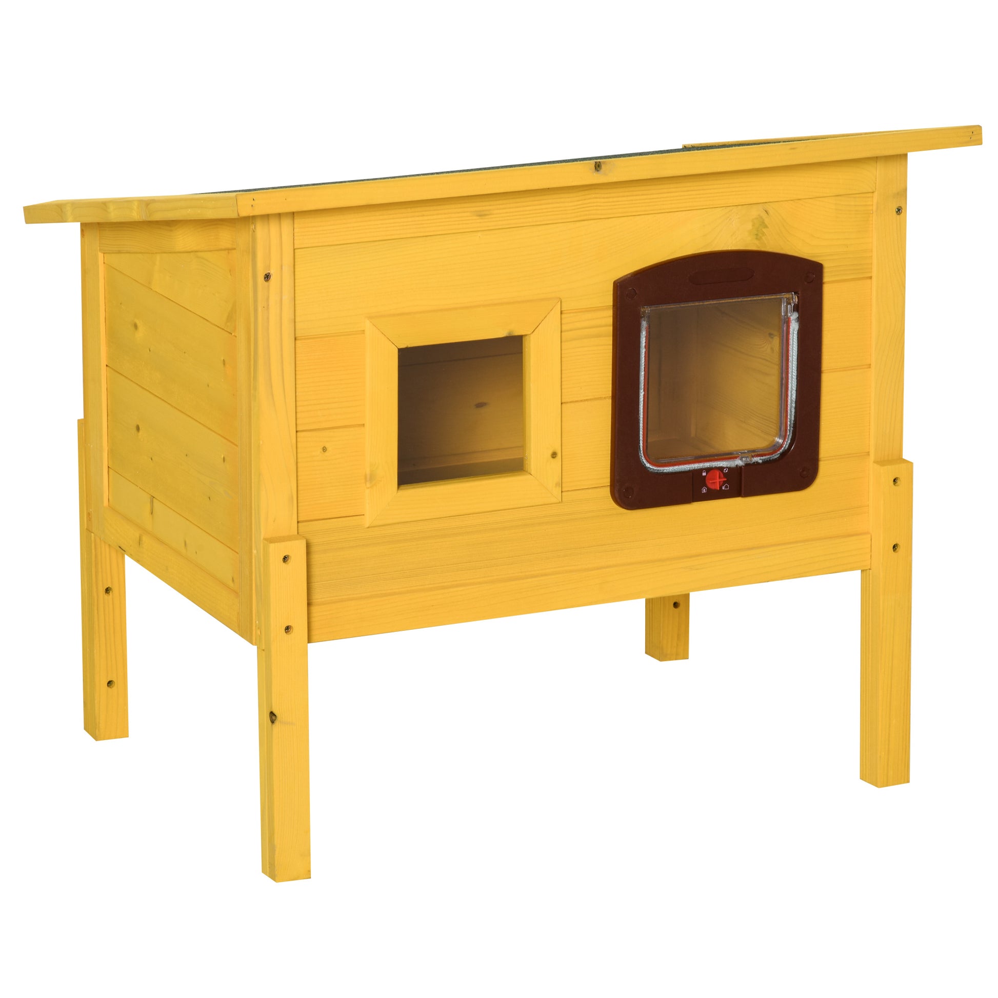 Pawhut Garden Wooden Cat House Hide Cage Outdoor Pet Play Home Waterproof Roof Kitty Shelter Kennel w/ith Door & Window