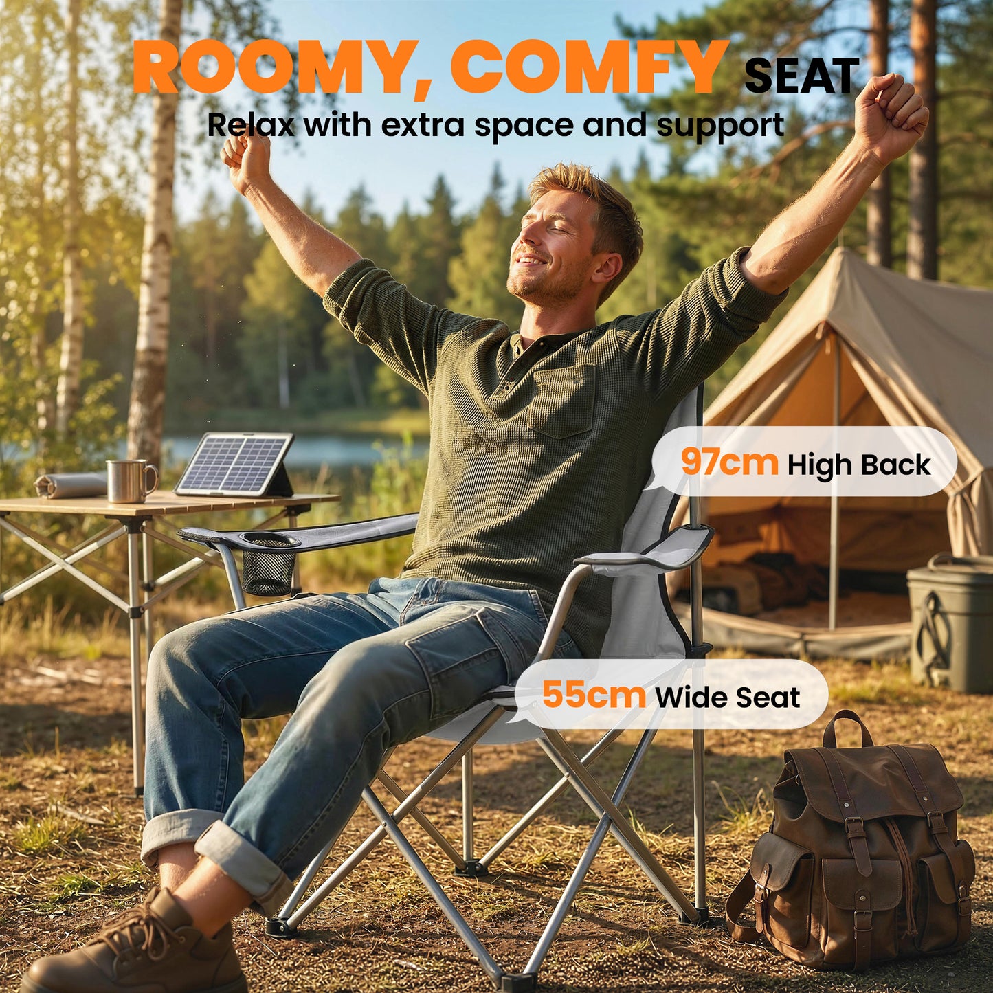 Outsunny Camping Chair Set of 2 Portable Folding Outdoor Camp Chair with Cup Holders and Carry Bag Grey