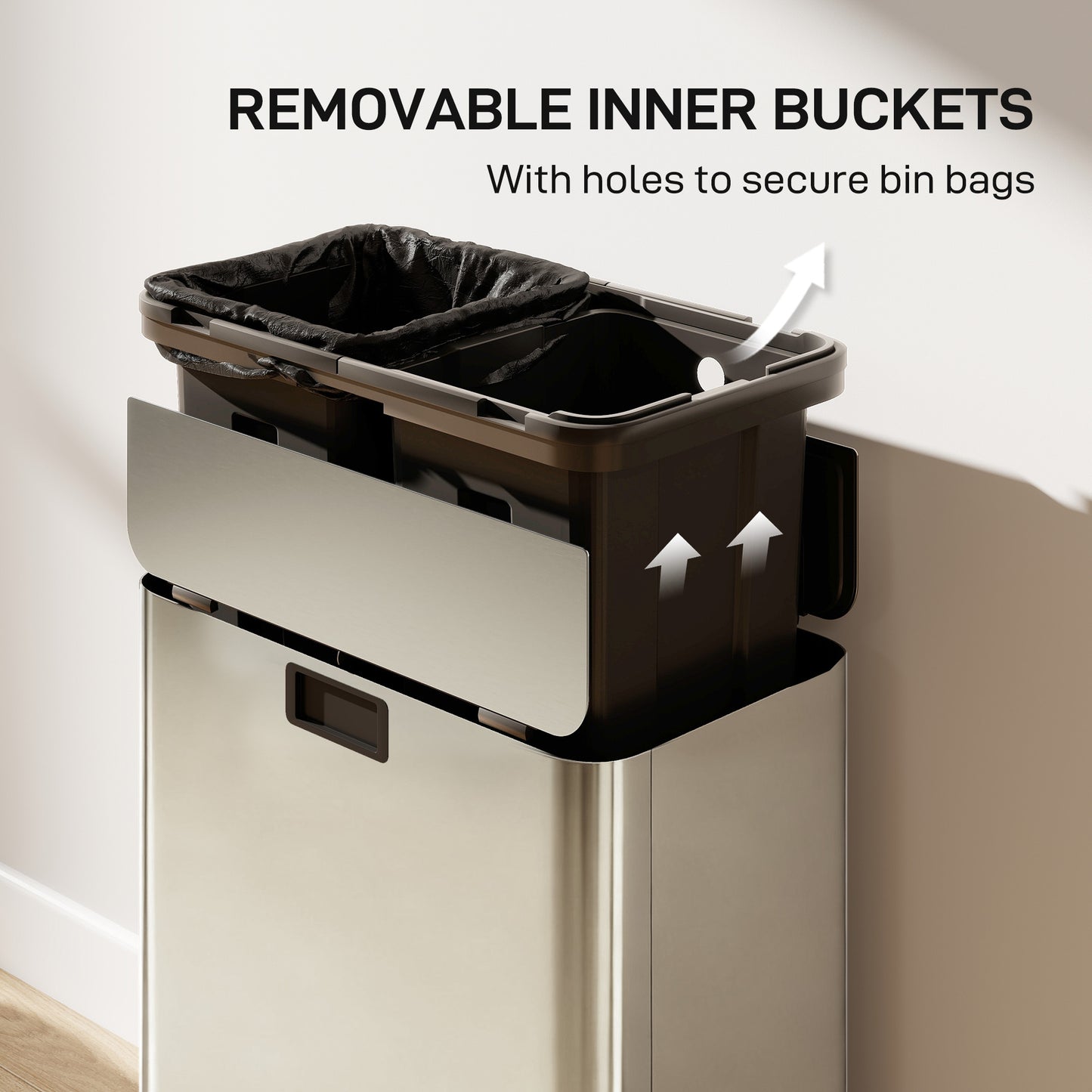 HOMCOM Dual Kitchen Bin with Soft-Close Butterfly Lid, 2 x 28L Stainless Steel Pedal Bin with Removable Inner Buckets, Fingerprint-Proof for Recycling and Waste, Silver Tone