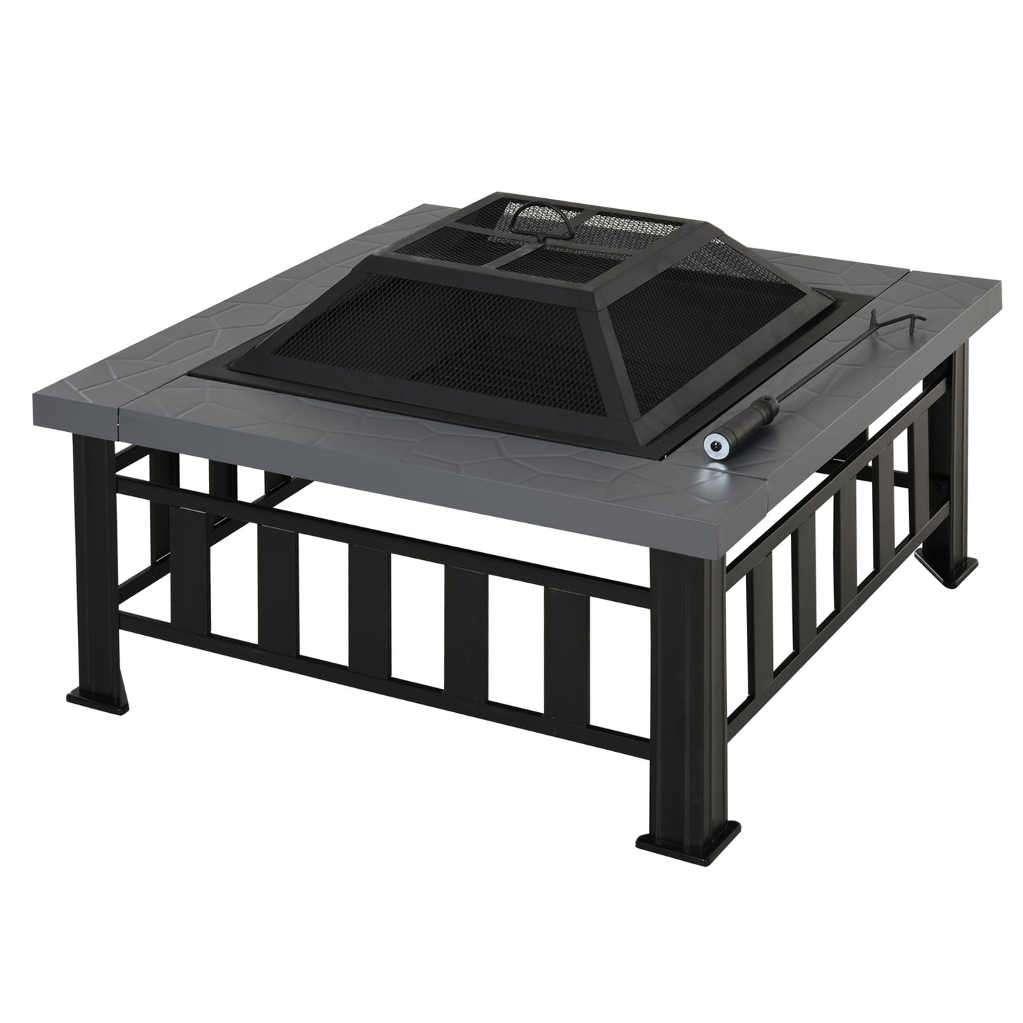 Outsunny Metal Large Firepit Outdoor Square Fire Pit Brazier with Rain Cover, Lid, Log Grate, Poker for Backyard, Camping, BBQ, Bonfire, Wood Burning Stove, 86 x 86 x 54cm, Black Default Title