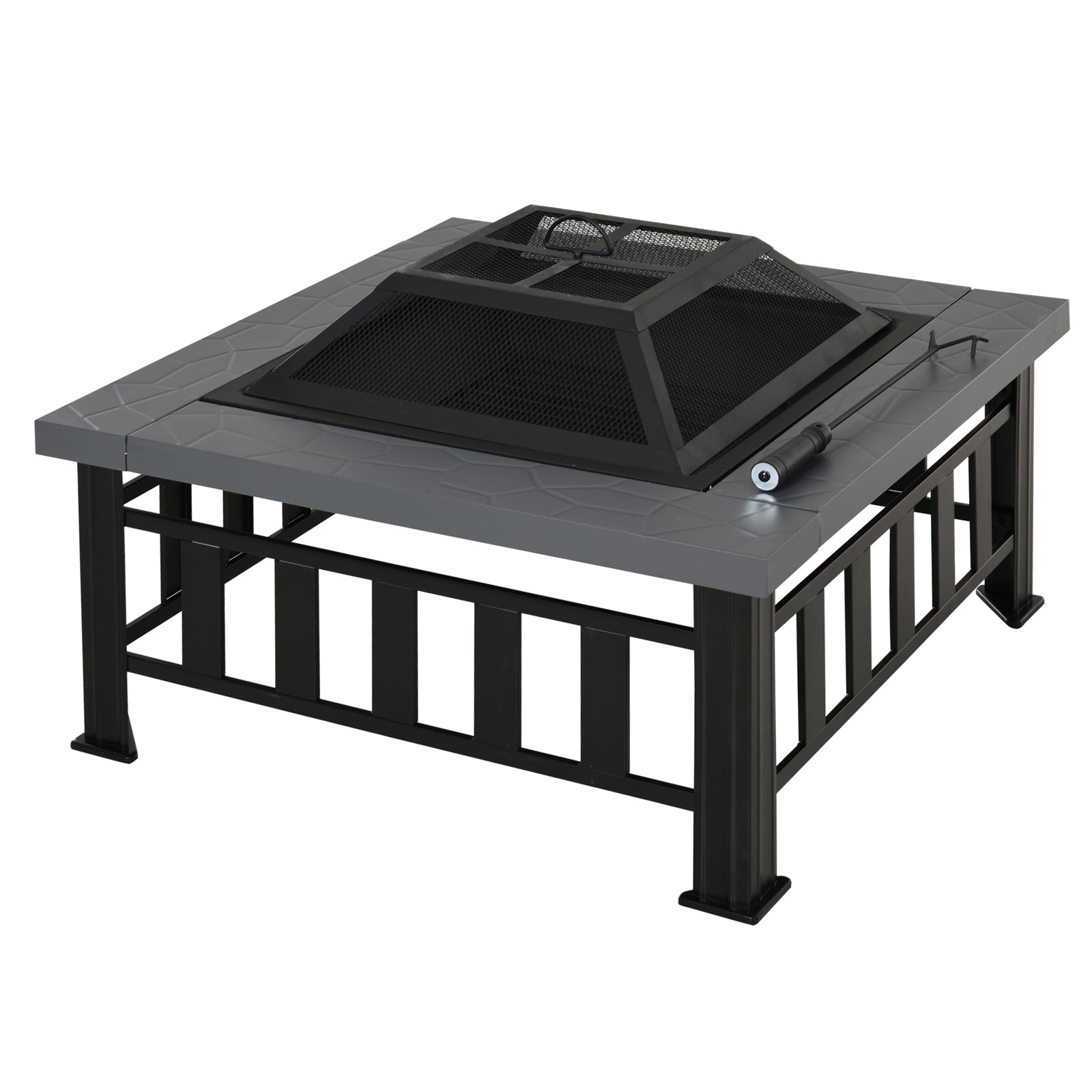 Outsunny Metal Large Firepit Outdoor Square Fire Pit Brazier with Rain Cover, Lid, Log Grate, Poker for Backyard, Camping, BBQ, Bonfire, Wood Burning Stove, 86 x 86 x 54cm, Black Default Title