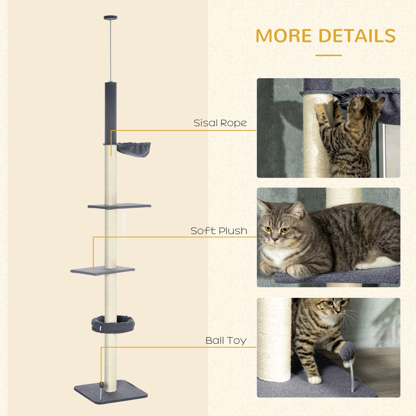 PawHut 240-270cm Floor-To-Ceiling Cat Tree, 5 Tier Cat Climbing Tower, with Bed, Hammock, Platforms, Dark Grey and Cream