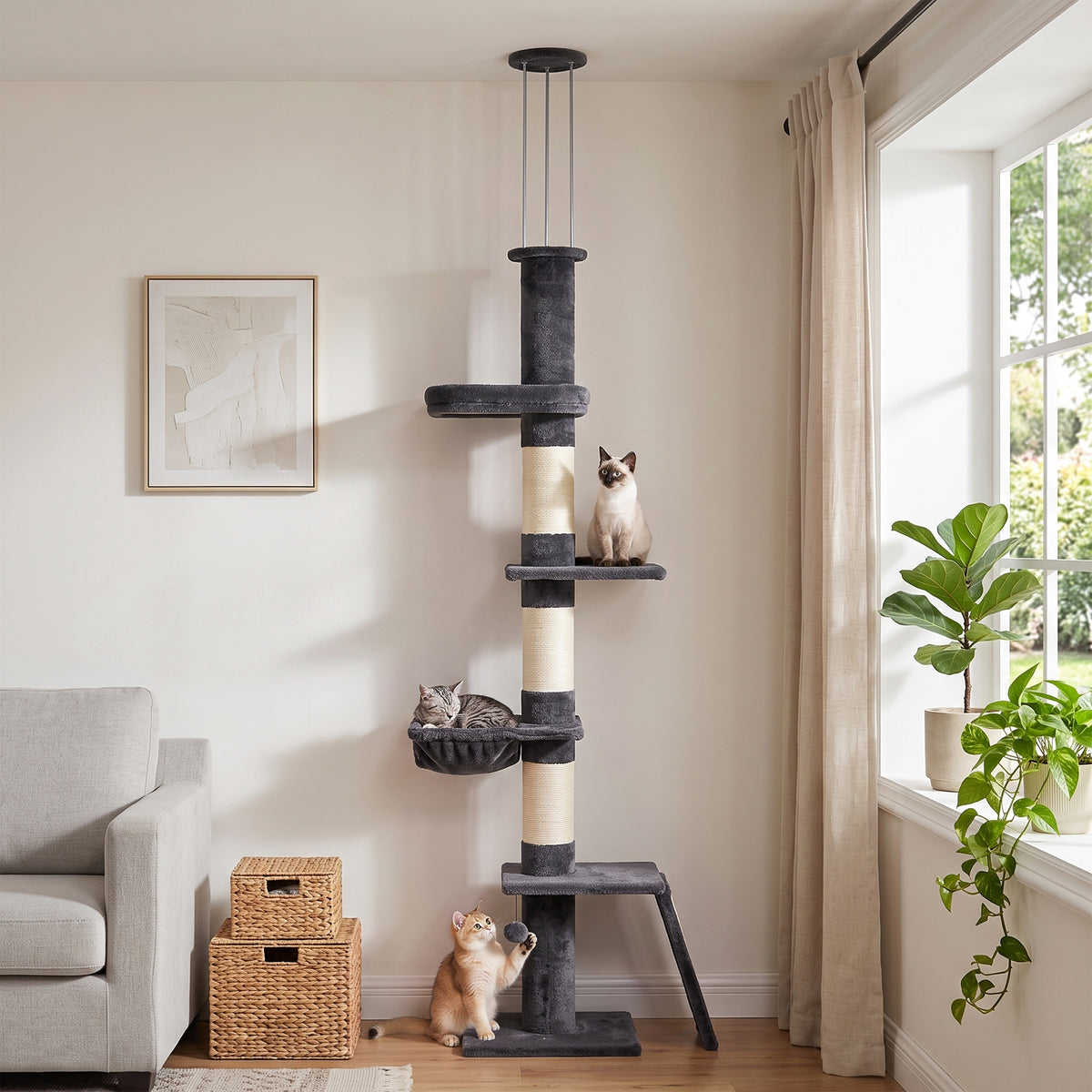 PawHut Floor to Ceiling Cat Tree, 230-260 cm Adjustable 5-Level Cat Tower with 3 Top Tension Rods, Bed, Hammock, Dark Grey